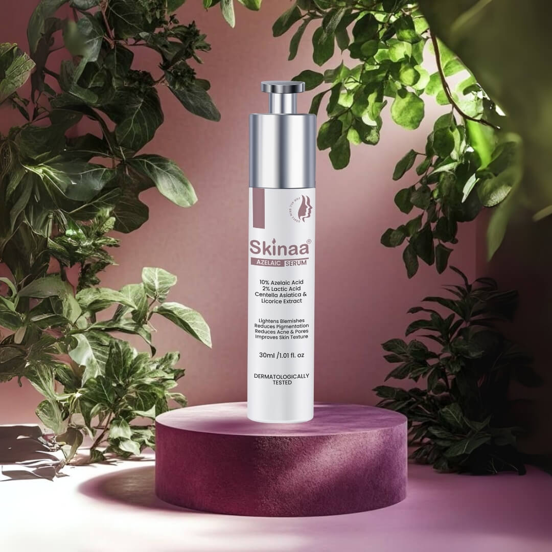 Skinaa AHA BHA Face Serum with glycolic acid, salicylic acid, and botanical extracts for exfoliation and acne-prone skin, displayed on a natural green leaf background