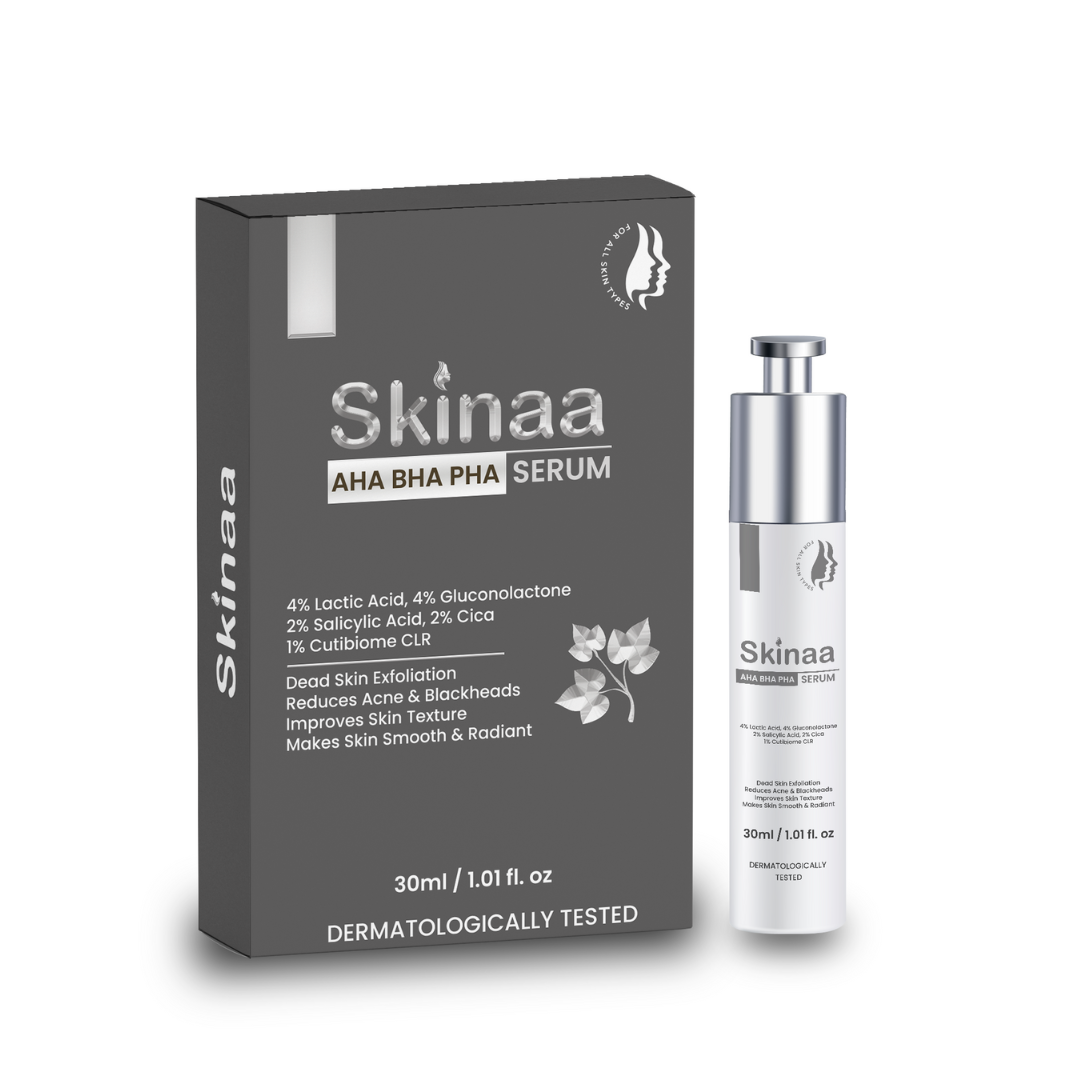 Skinaa AHA BHA PHA Serum with lactic acid, salicylic acid, gluconolactone, and cica for exfoliation, acne treatment, and smooth radiant skin
