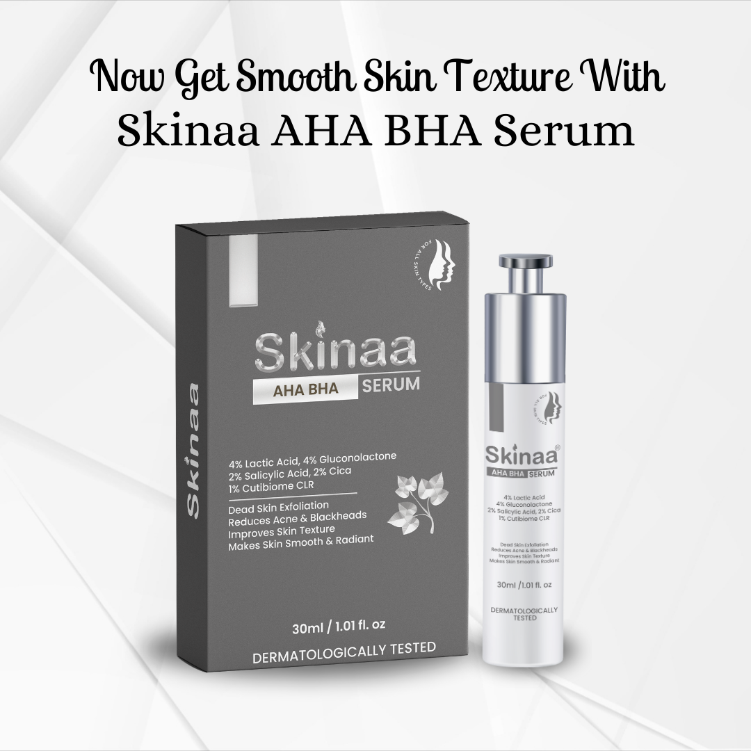 Skinaa AHA BHA Serum with glycolic acid, salicylic acid, and lactic acid for smooth skin texture, exfoliation, and acne control – 30ml dermatologically tested serum