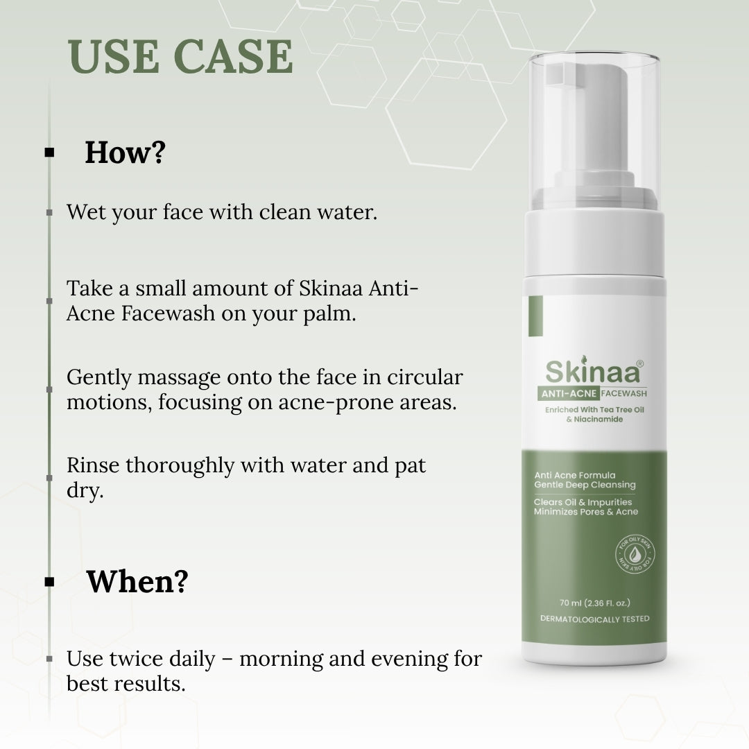 Skinaa Anti-Acne Facewash bottle with usage instructions on a light green background