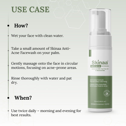 Skinaa Anti-Acne Facewash bottle with usage instructions on a light green background