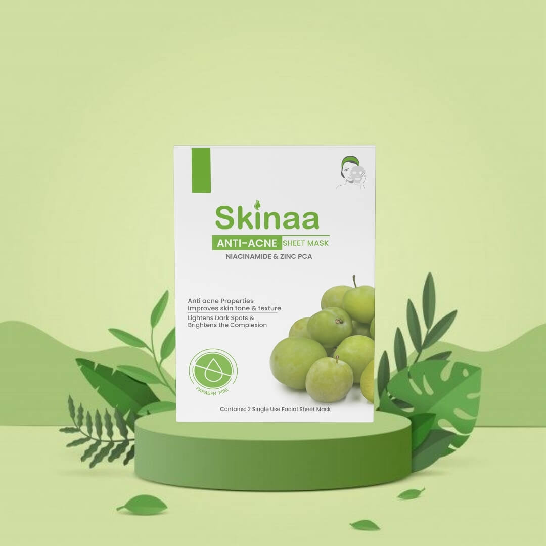 Skinaa Anti-Acne Sheet Mask with Niacinamide and Zinc PCA to control acne, reduce blemishes, and improve skin texture for clear, healthy-looking skin