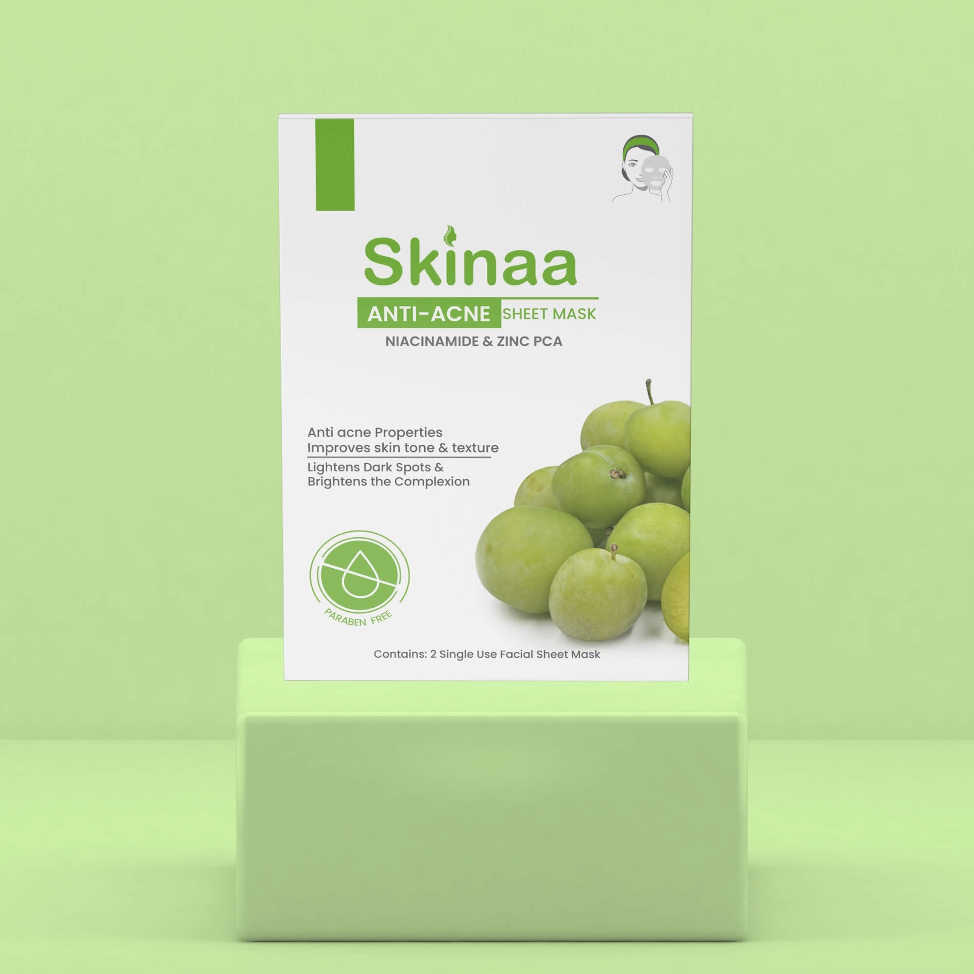 Skinaa Anti-Acne Sheet Mask with Niacinamide and Zinc PCA, designed to control excess oil, reduce acne, and brighten skin tone