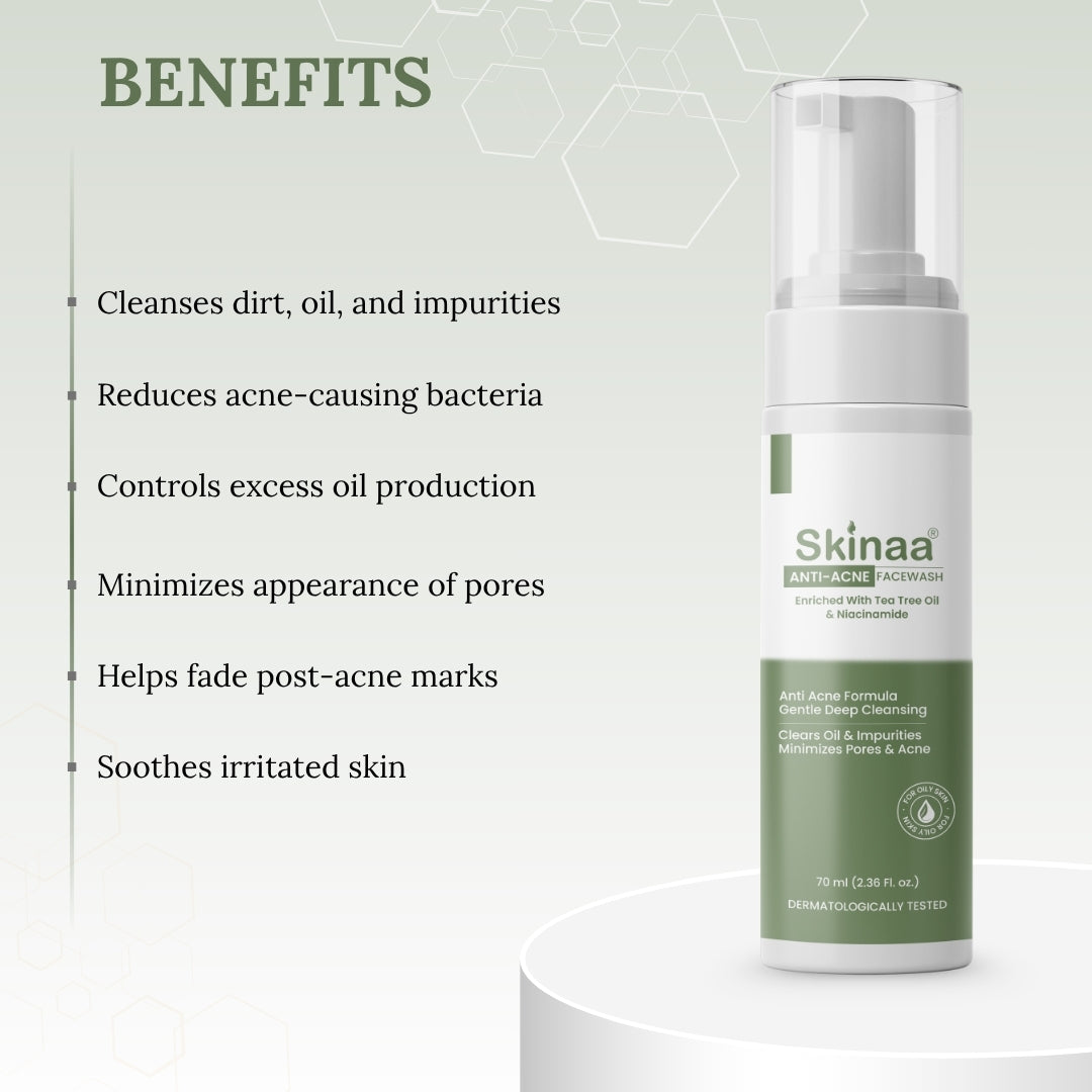 Skinaa Anti Acne Facewash bottle with benefits listed on a light green background