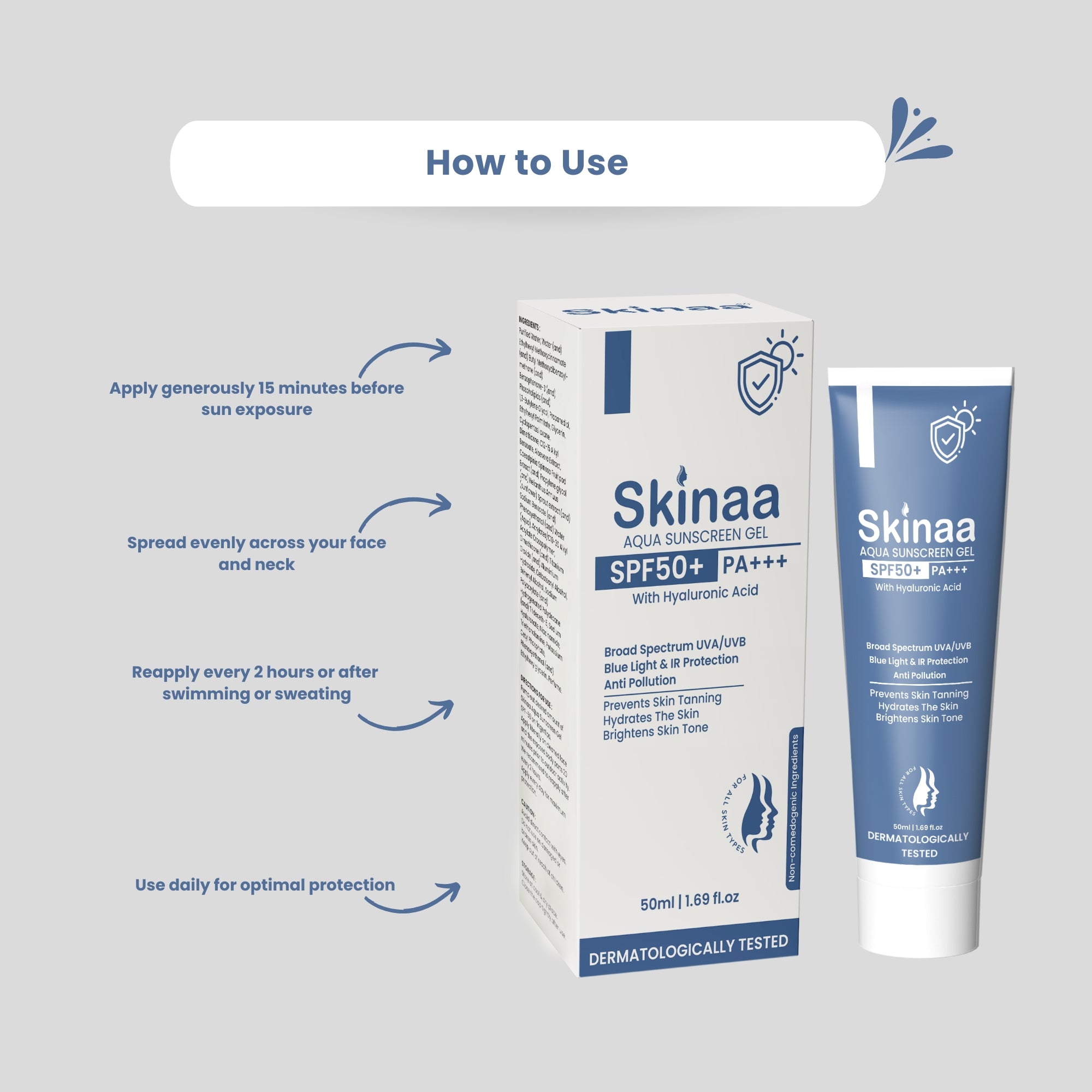 Skinaa Aqua Sunscreen Gel SPF 50+ PA+++ usage guide with tube and packaging box on grey background, showing steps: apply generously 15 minutes before sun exposure, spread evenly on face and neck, reapply every 2 hours or after swimming, and use daily for optimal protection
