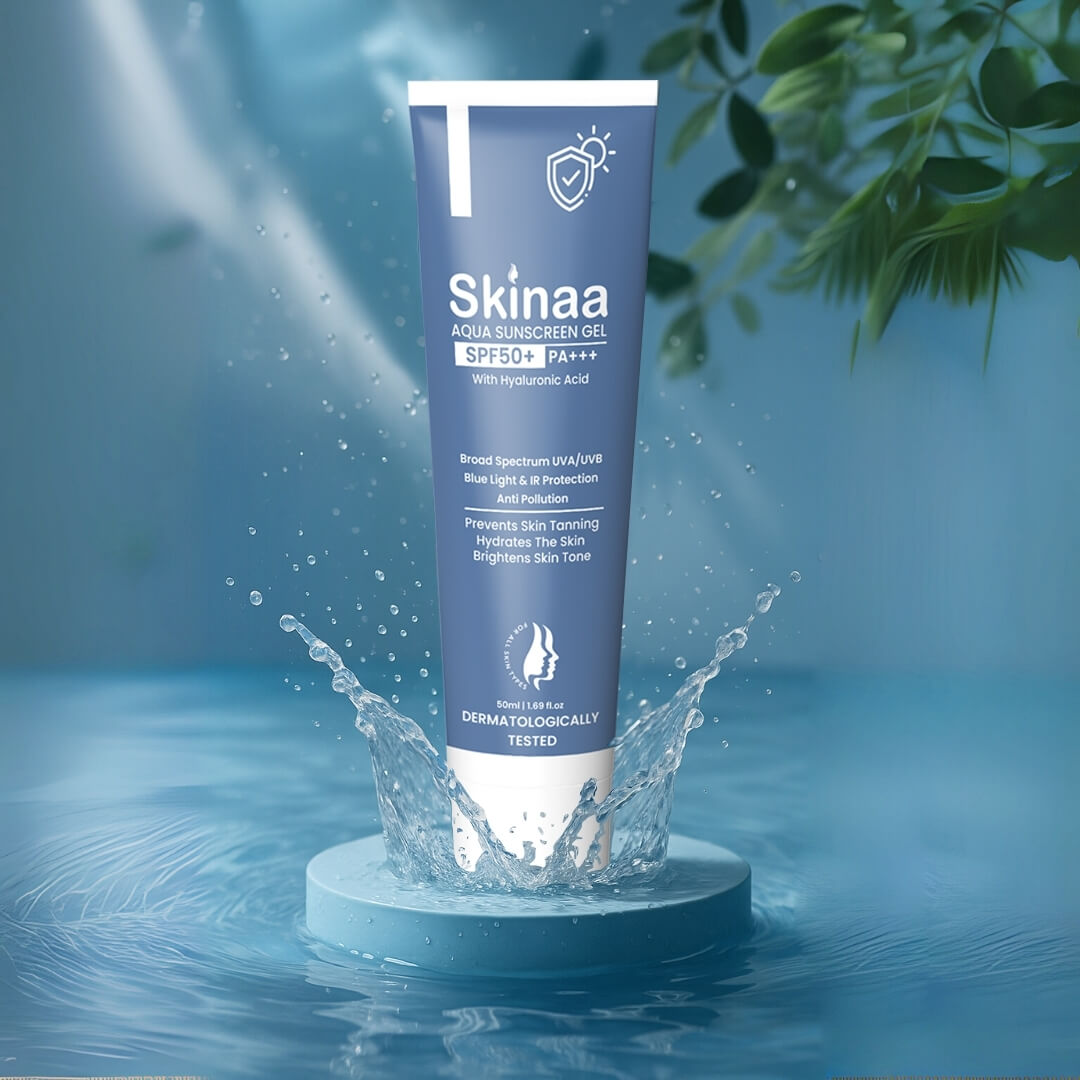 Skinaa Aqua Sunscreen Gel SPF 50+ PA+++ with Hyaluronic Acid tube displayed on water splash background, dermatologically tested broad spectrum sunscreen for hydration and sun protection