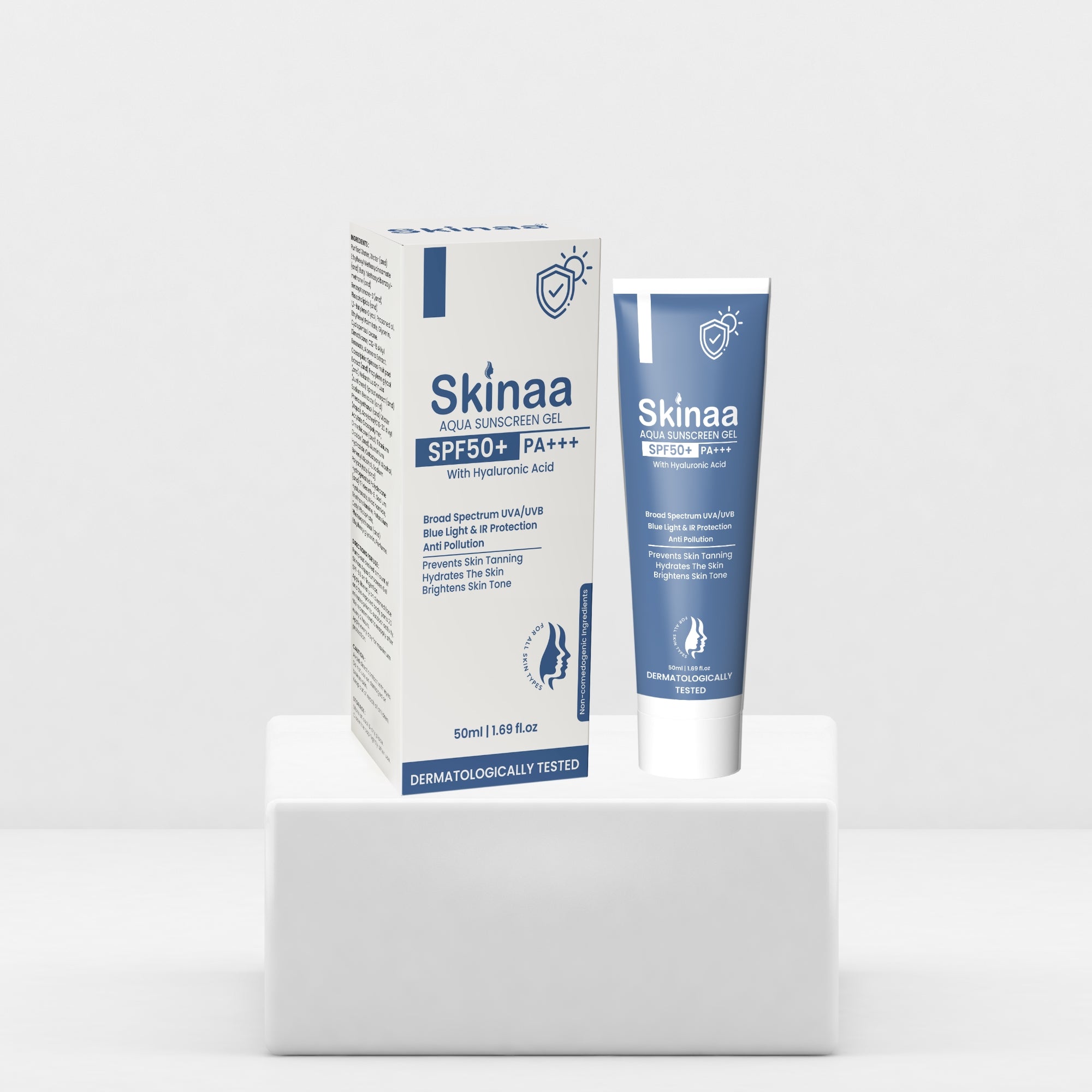 Skinaa Aqua Sunscreen Gel SPF 50+ PA+++ with Hyaluronic Acid tube and packaging box displayed on a white pedestal, dermatologically tested broad spectrum sunscreen for hydration, sun protection, and brightening skin tone