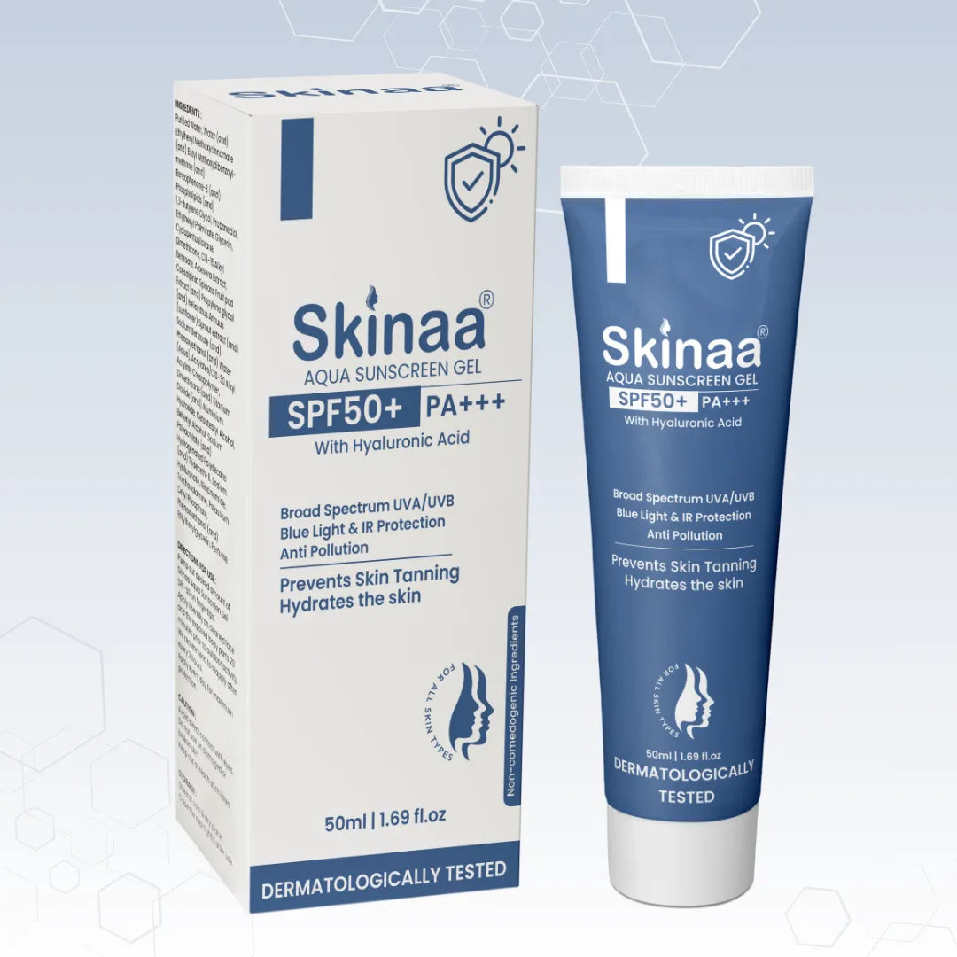 Skinaa Aqua sunscreen gel packaging with tube on a light blue background