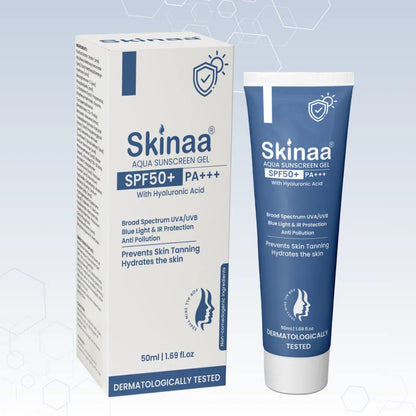 Skinaa Aqua sunscreen gel packaging with tube on a light blue background