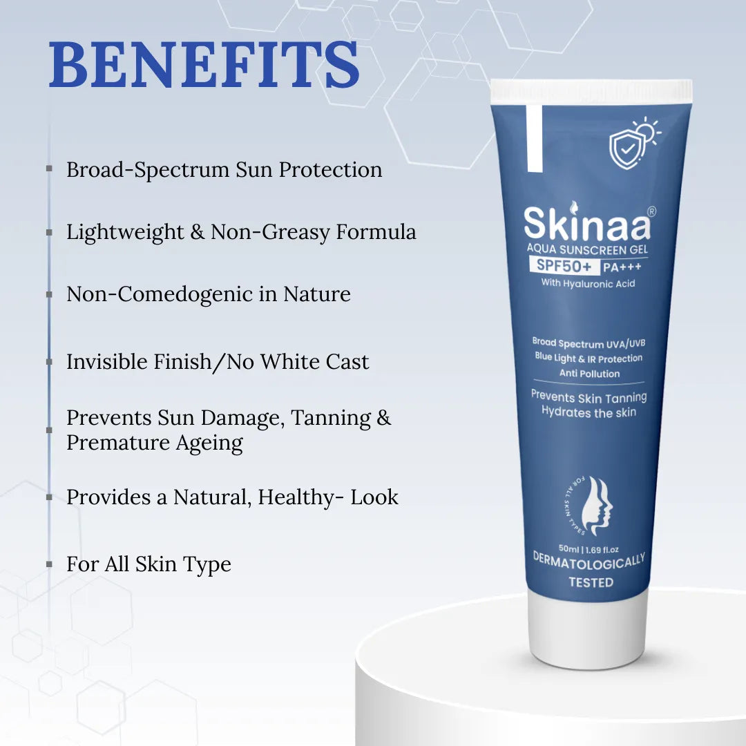 Skinaa Aqua sunscreen gel tube with benefits listed on a light blue background