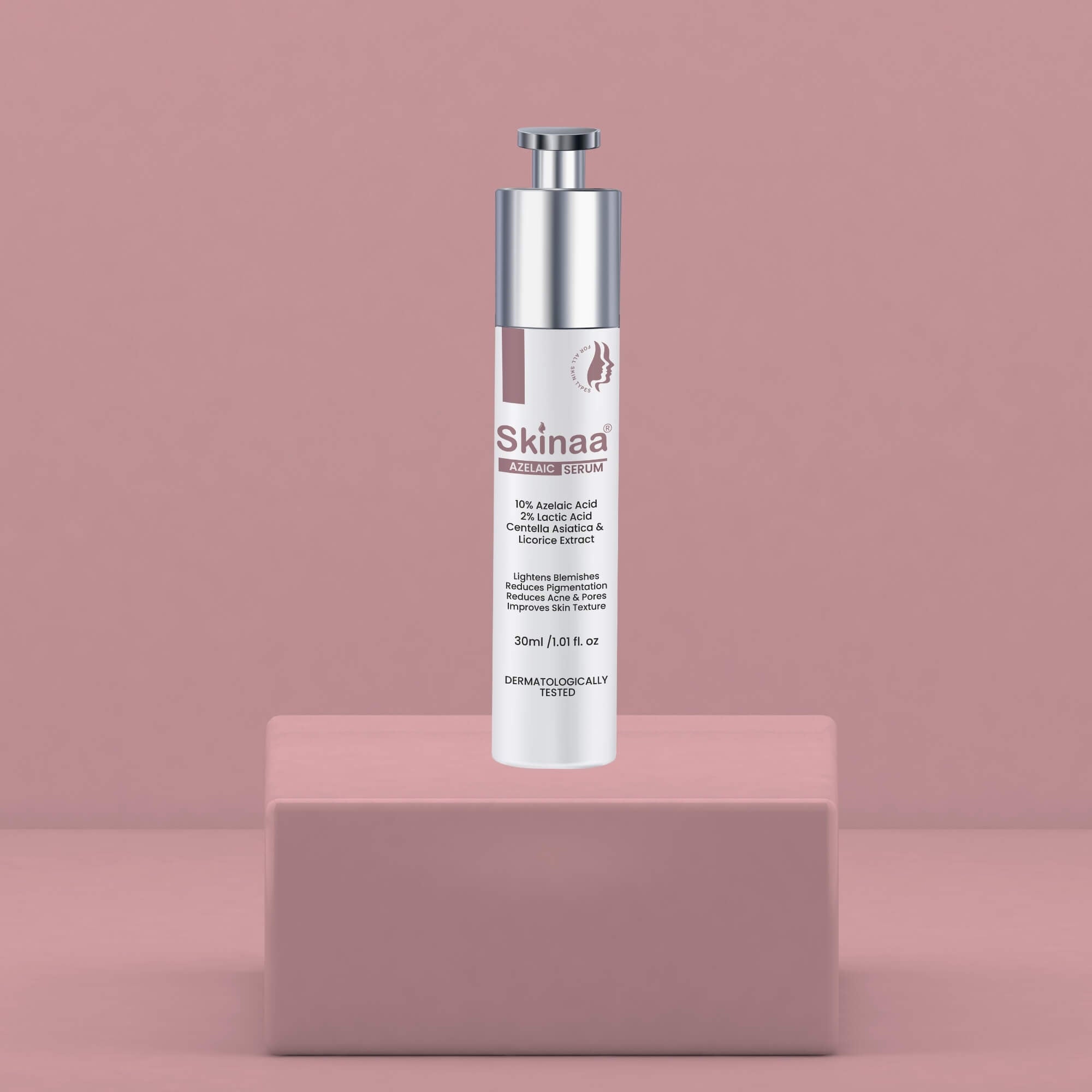 Skinaa Azelaic Acid Serum for acne, redness, and uneven skin tone displayed on a minimal pink background