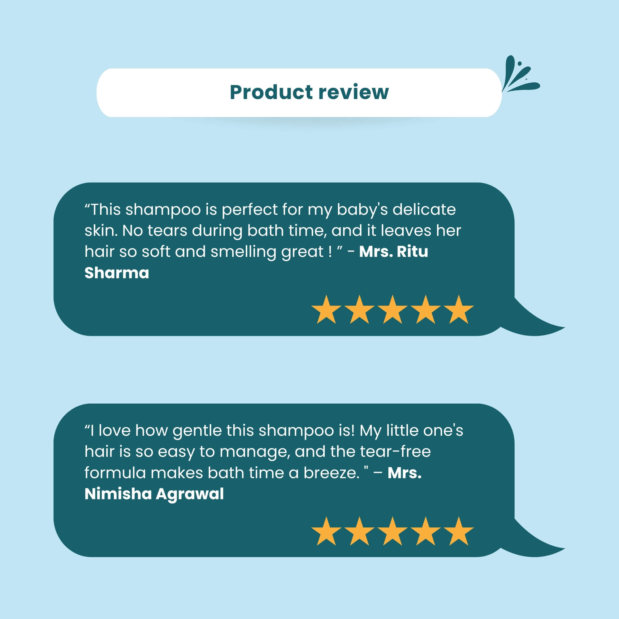 Product review graphic for Skinaa BabySoft Baby Shampoo on a blue background, showing two customer reviews with 5-star ratings praising the tear-free formula, gentle cleansing, and soft results for babies’ hair.