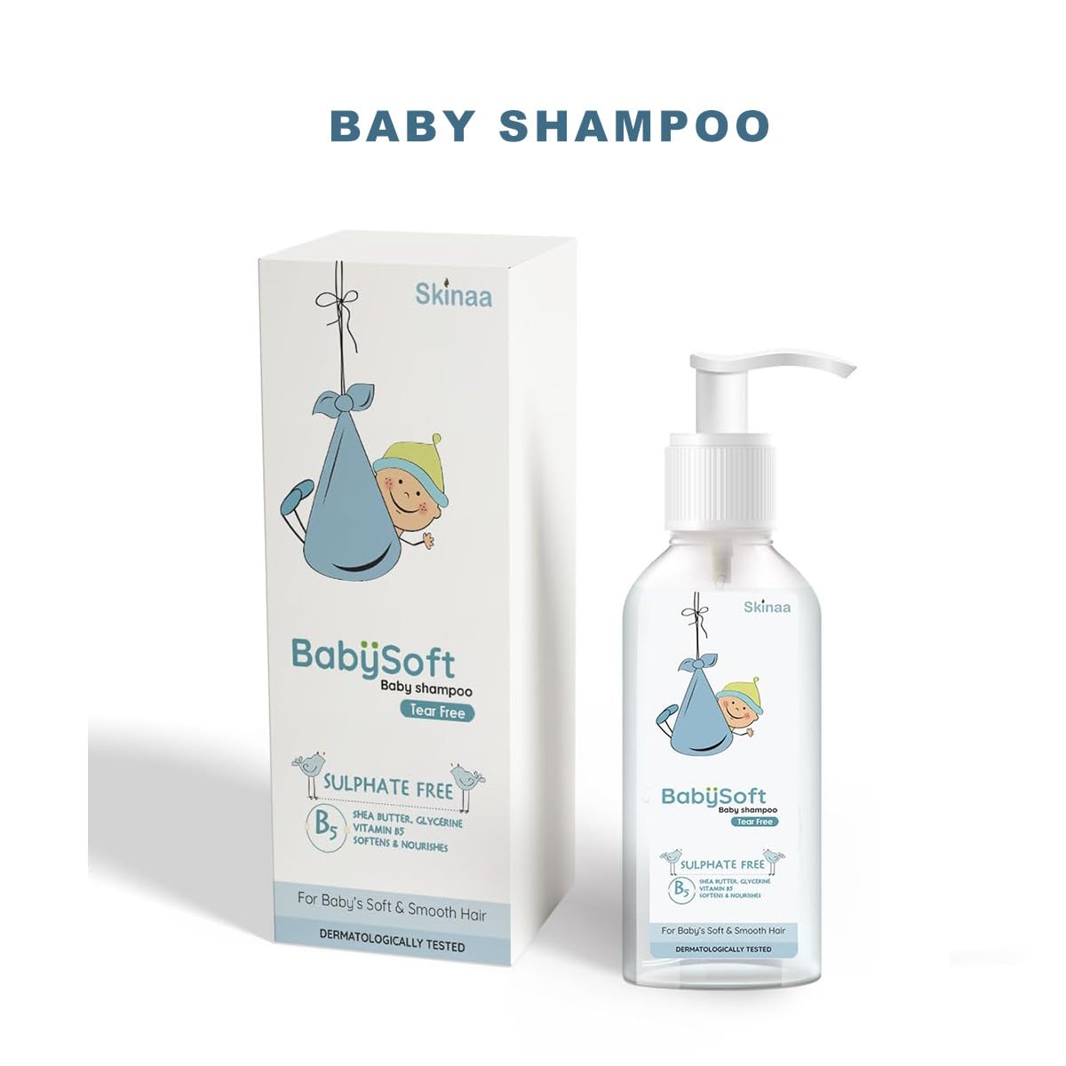 Skinaa BabySoft Baby Shampoo – sulphate-free tear-free shampoo with pro-vitamin B5, gently cleanses and nourishes baby’s hair for soft and smooth texture