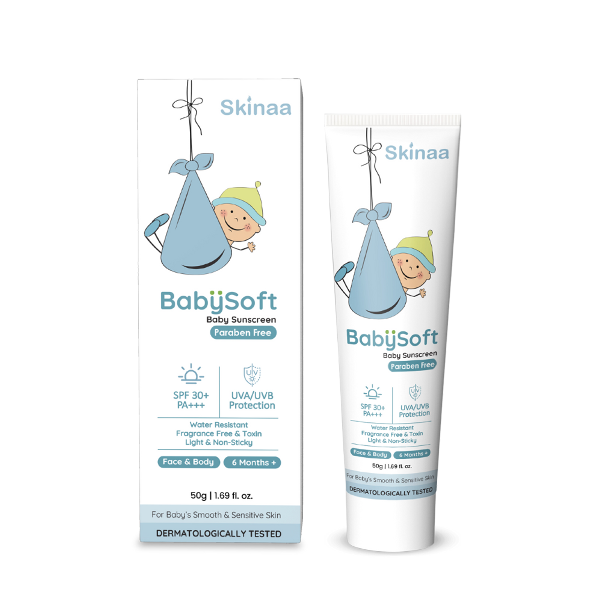 Skinaa BabySoft Baby Sunscreen SPF 30+ PA+++ with UVA/UVB protection, paraben-free formula, gentle sunblock for babies, shown with box and tube packaging