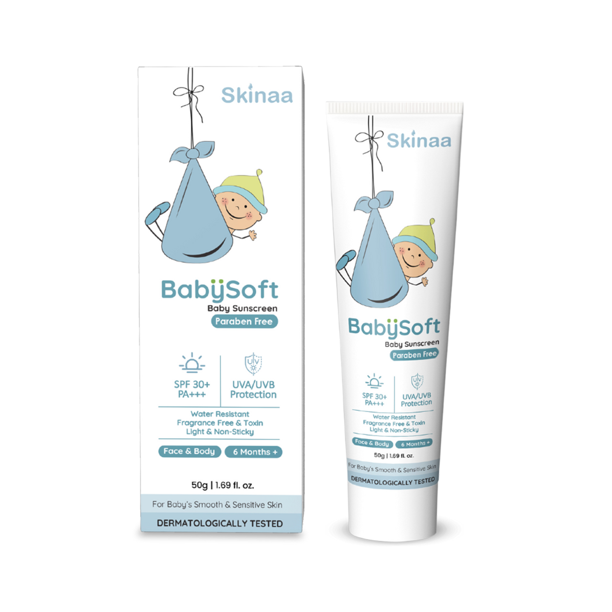 Skinaa BabySoft Baby Sunscreen SPF 30+ PA+++ paraben-free sunblock with UVA/UVB protection, water-resistant, non-sticky formula for babies’ sensitive skin – 50g tube with packaging