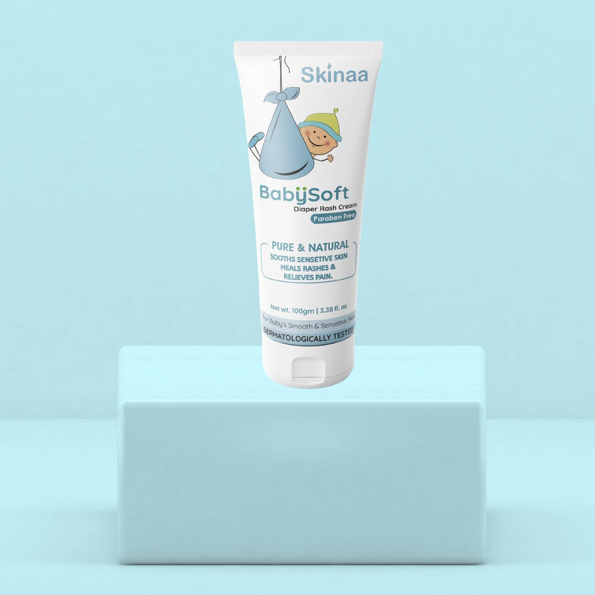 Skinaa BabySoft Diaper Rash Cream – dermatologically tested baby rash cream that soothes sensitive skin, heals rashes, relieves pain, and protects delicate skin naturally.
