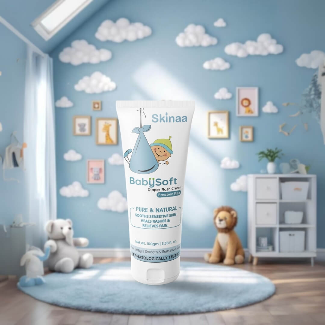 Skinaa BabySoft Diaper Rash Cream tube in a baby nursery background, gentle cream for soothing sensitive skin, healing rashes, and relieving irritation