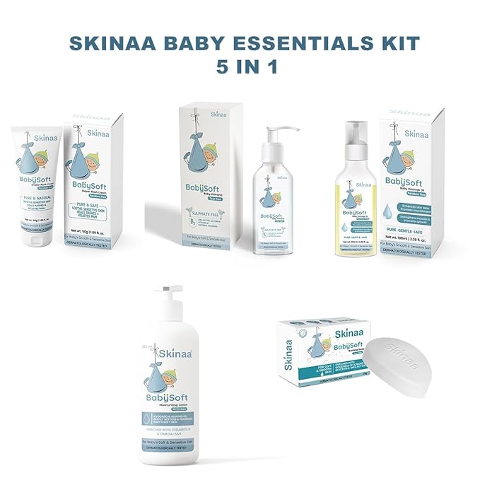 Skinaa Baby Essentials Kit 5 in 1 – complete newborn skincare set including baby lotion, bathing soap, shampoo, massage oil, and gentle cleanser, dermatologically tested for soft and safe baby skin.