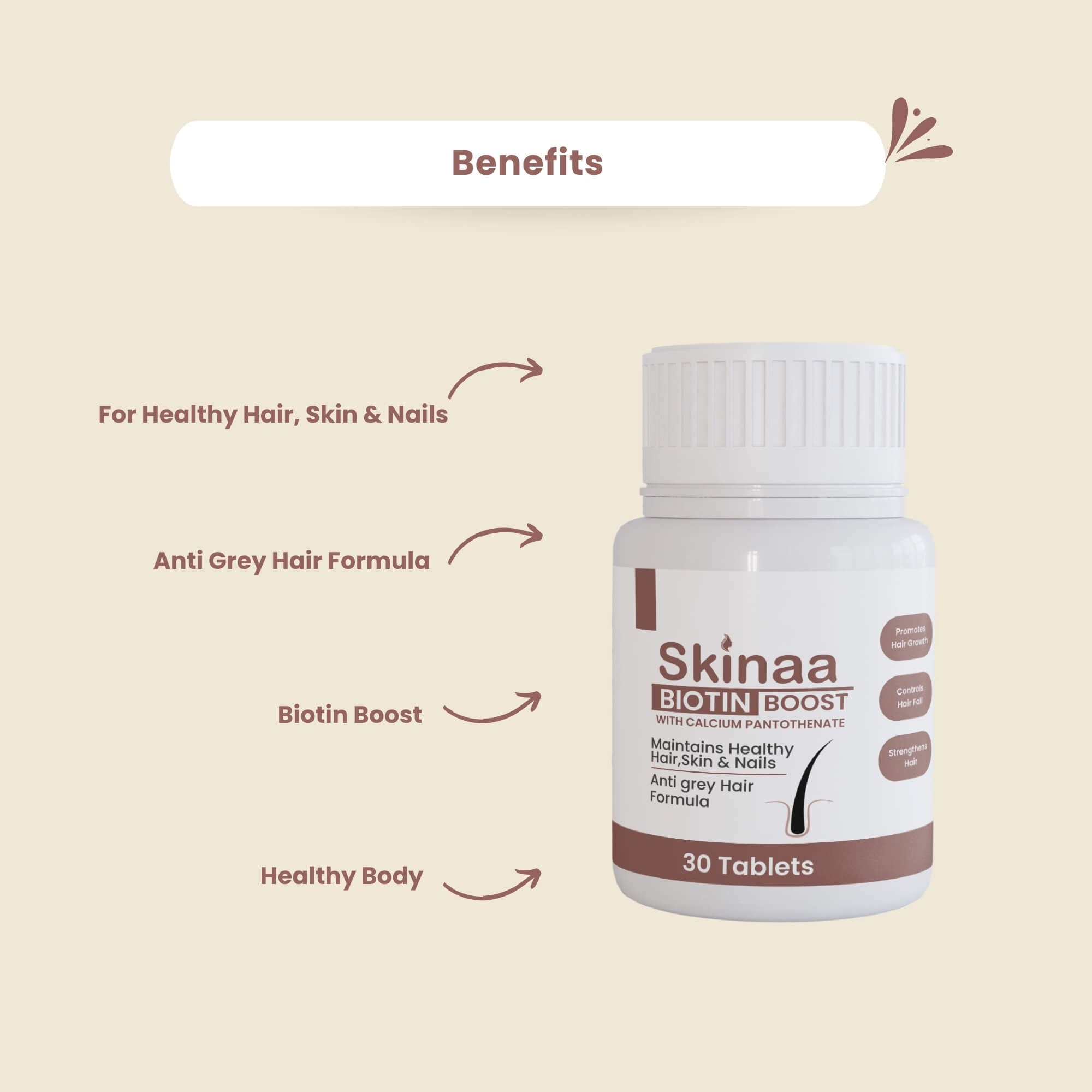 Skinaa Biotin Boost tablets benefits – supports healthy hair, skin, and nails, anti-grey hair formula, biotin boost for growth, and overall healthy body