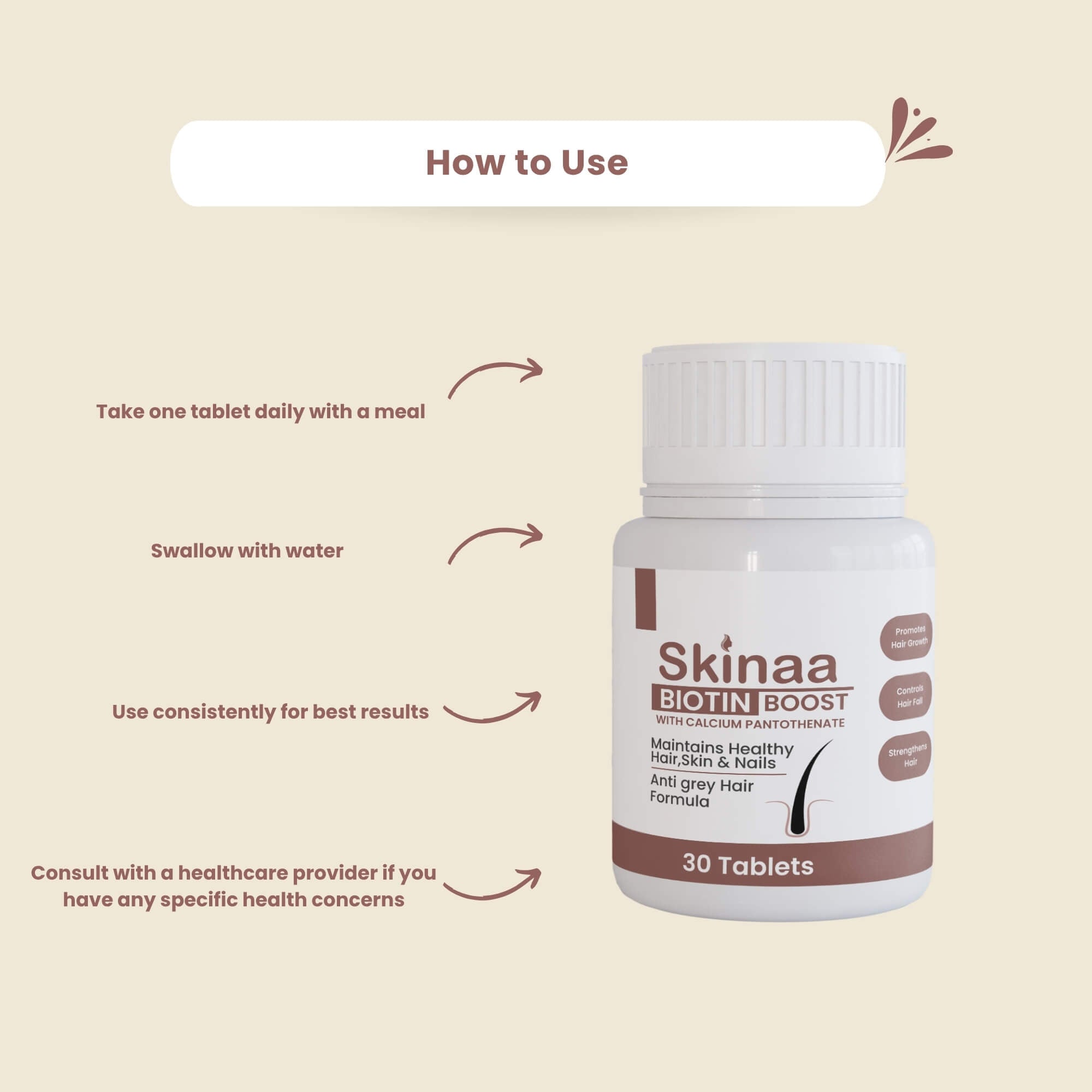 Skinaa Biotin Boost tablets – usage guide showing one tablet daily with meals, swallow with water, use consistently for best results, and consult healthcare provider if needed