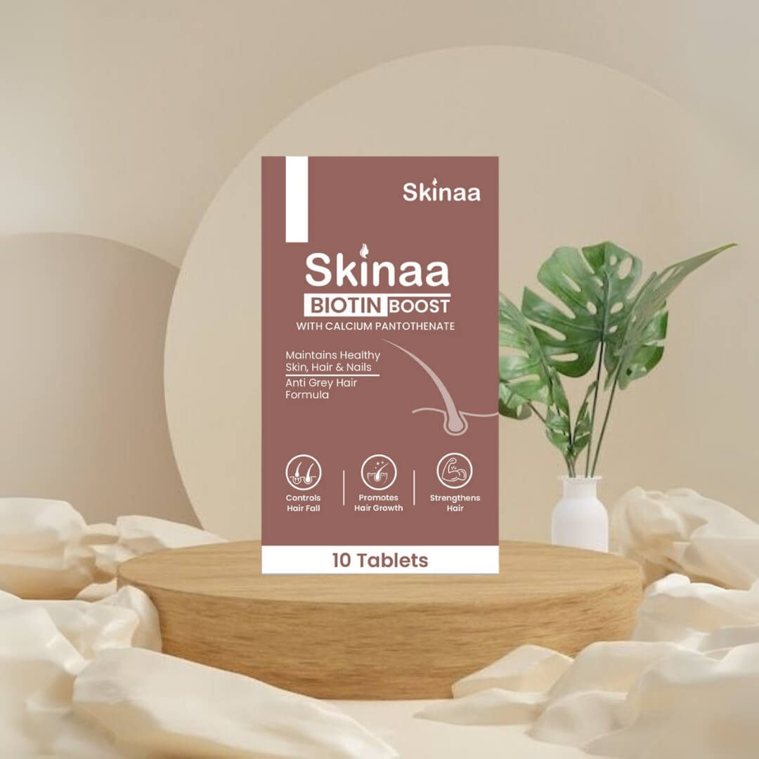 Skinaa Biotin Boost tablets with calcium pantothenate – controls hair fall, promotes hair growth, strengthens hair, supports healthy skin and nails, and prevents premature greying