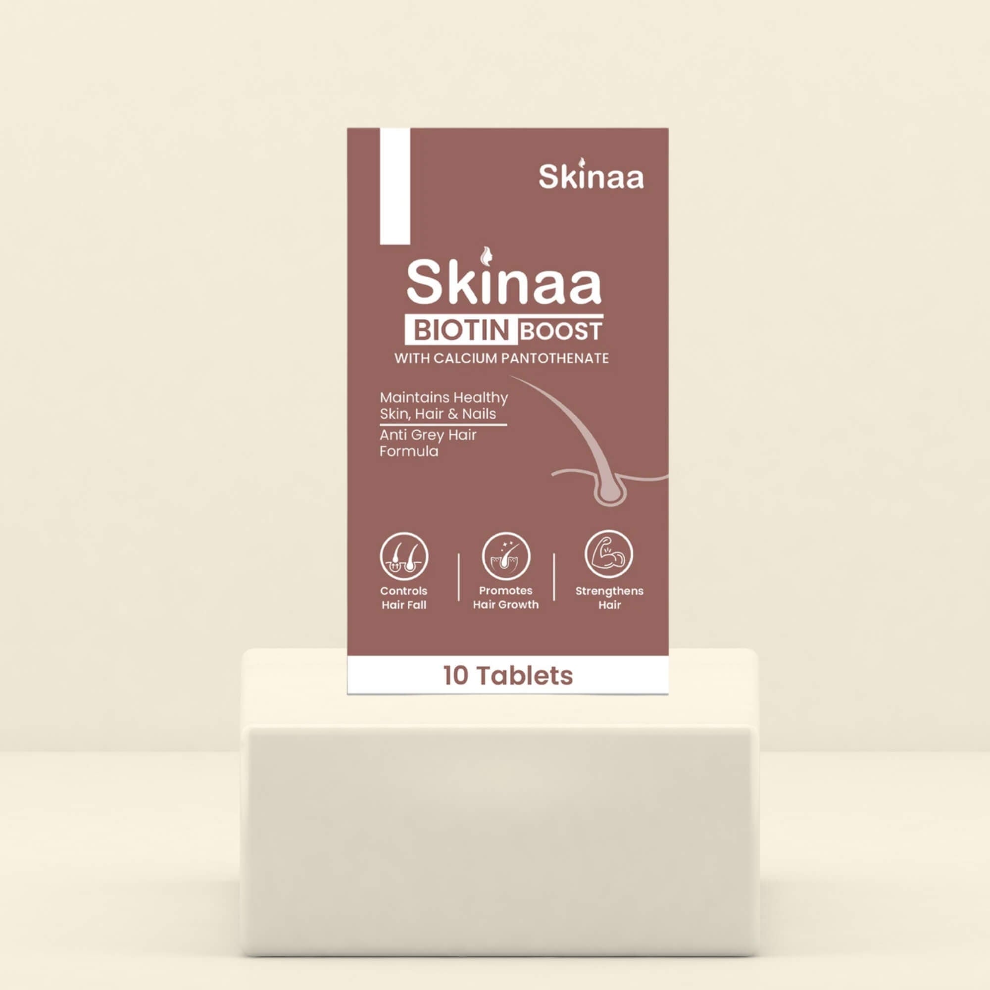 Skinaa Biotin Boost tablets with calcium pantothenate – promotes hair growth, strengthens nails, controls hair fall, and supports healthy skin – 10 tablets pack