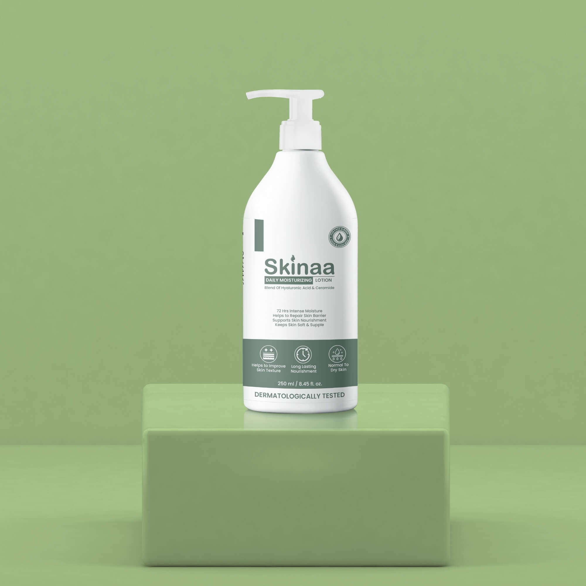 Skinaa Body Moisturizing Lotion bottle on green platform – dermatologically tested hydrating body lotion for dry and sensitive skin