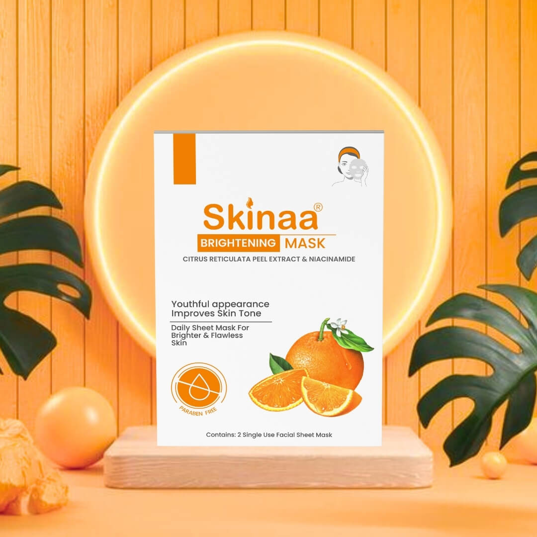 Skinaa Brightening Mask with citrus peel extract and niacinamide for youthful appearance, brighter skin tone, and flawless glow. Daily sheet mask displayed with oranges on a vibrant orange background