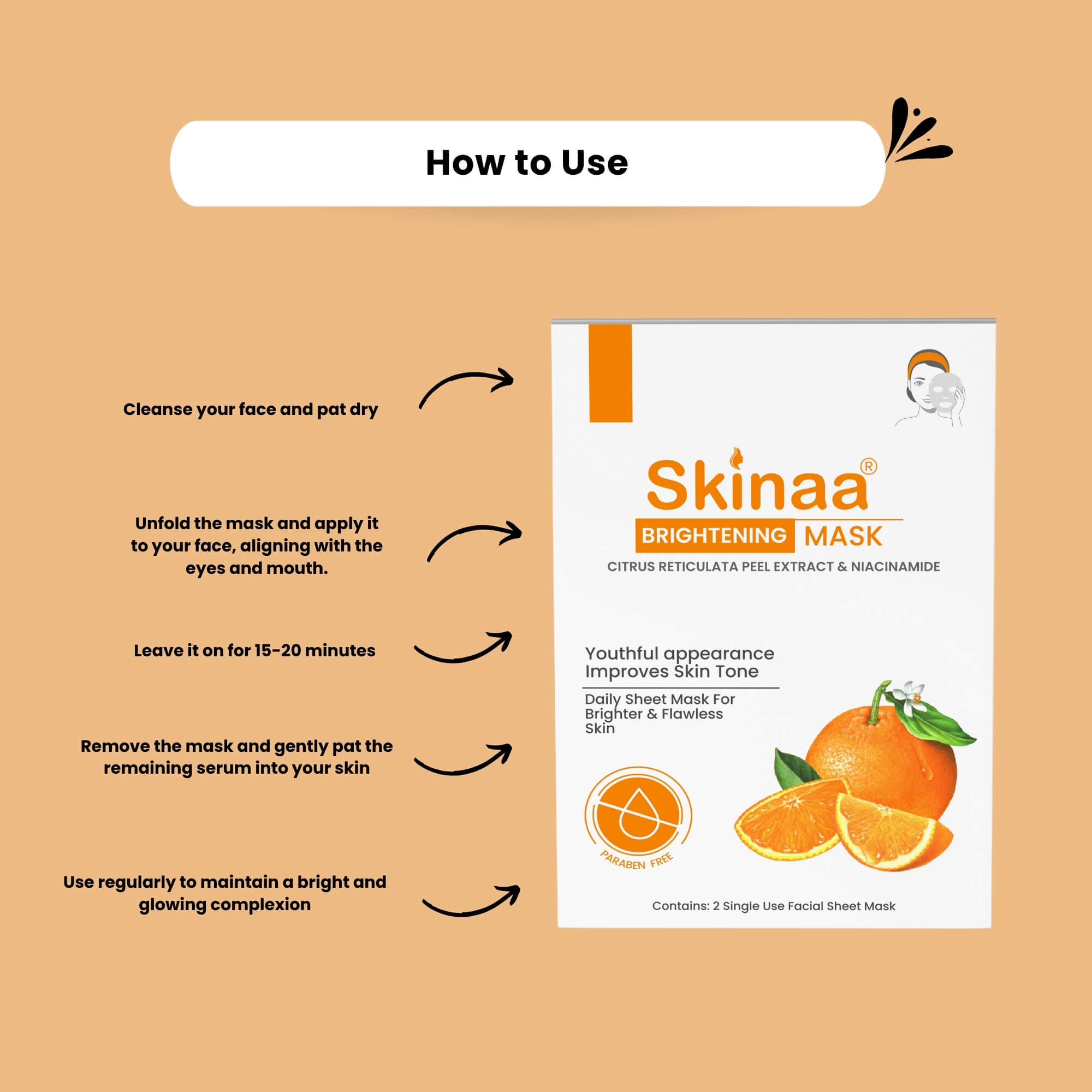 Skinaa Brightening Mask with citrus peel extract & niacinamide – sheet mask for glowing, even skin tone and improved radiance