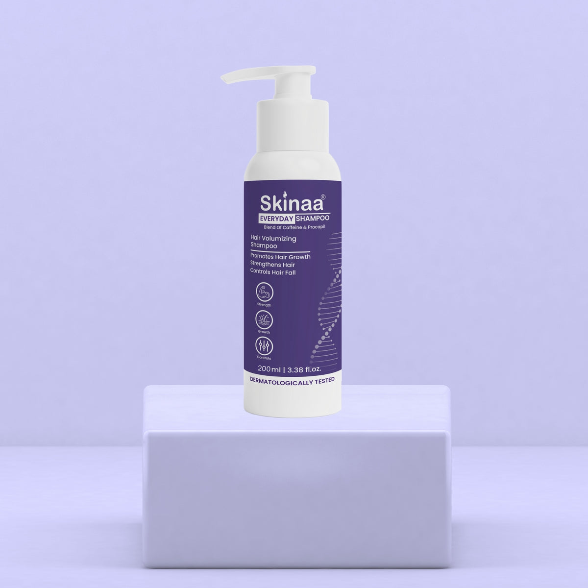 Skinaa Everyday Shampoo 200ml bottle with caffeine and peptides, formulated for hair growth, volume, and reducing hair fall