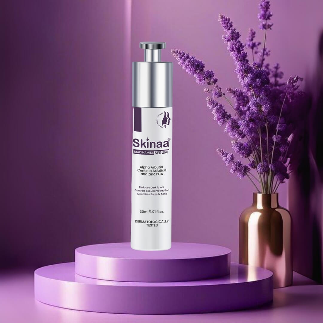 Skinaa Hyaluronic Acid Serum bottle displayed on a purple podium with lavender flowers in the background, dermatologically tested serum for intense hydration, plump skin, and youthful glow