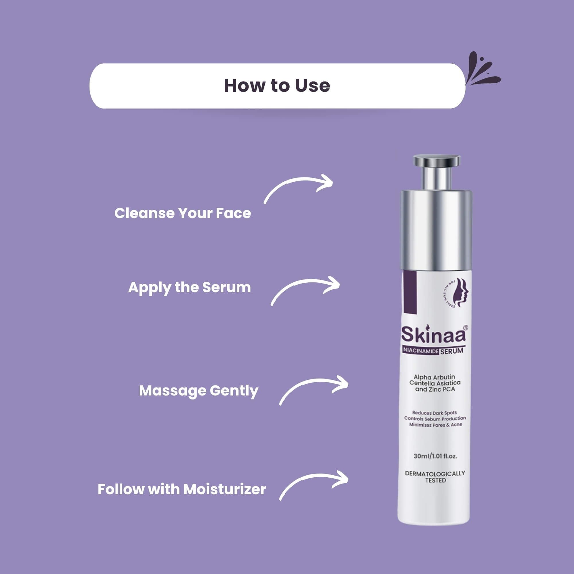 Skinaa Hyaluronic Acid Serum usage guide with bottle on purple background, showing steps: cleanse face, apply serum, massage gently, and follow with moisturizer