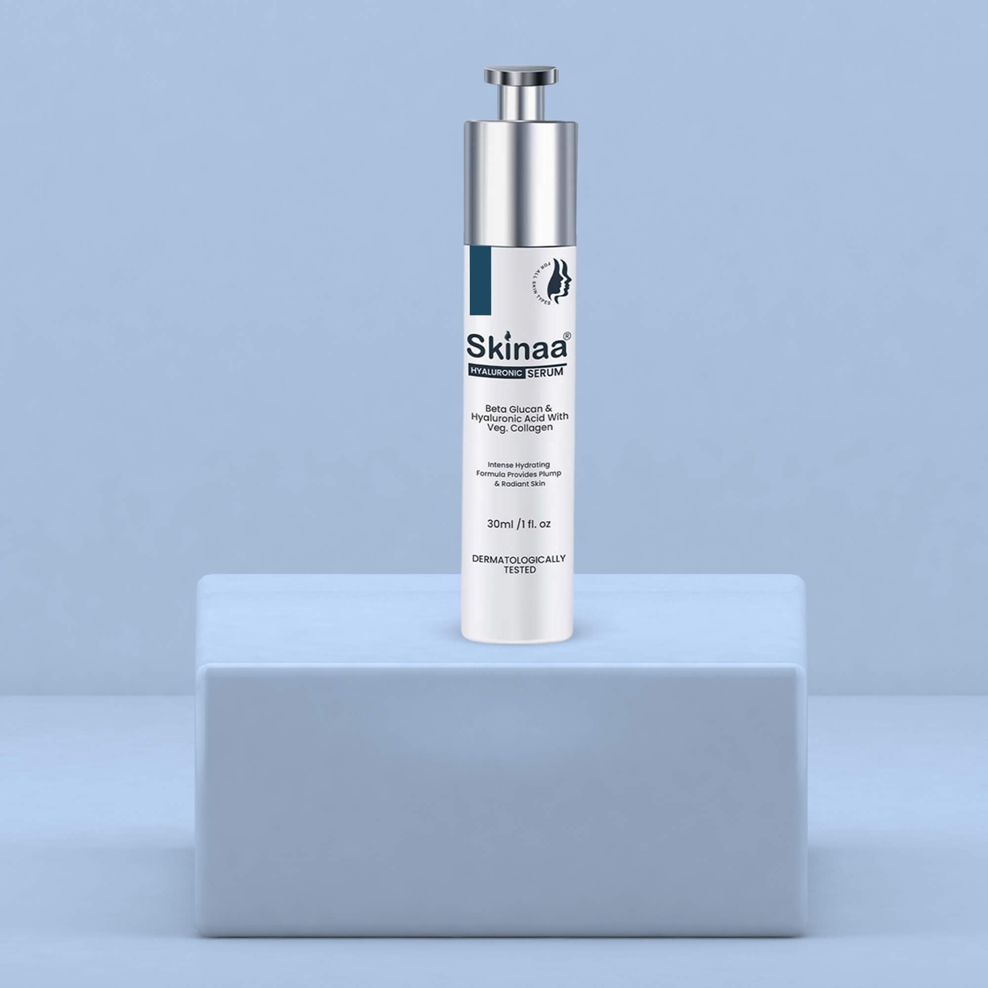 Skinaa Hyaluronic Serum bottle placed on a minimal platform with a soft blue background, designed for deep hydration, skin elasticity, and radiant glow