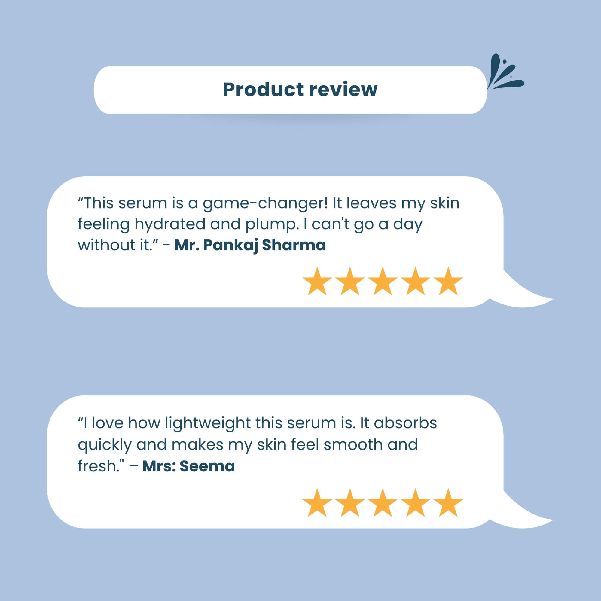 Skinaa Hyaluronic Serum customer reviews highlighting deep hydration, plump and refreshed skin, lightweight texture, quick absorption, and smooth radiant finish. Rated 5 stars for performance