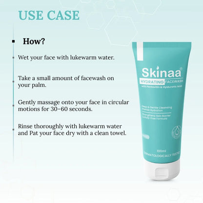 Skinaa hydrating facewash tube with usage instructions on a light blue background