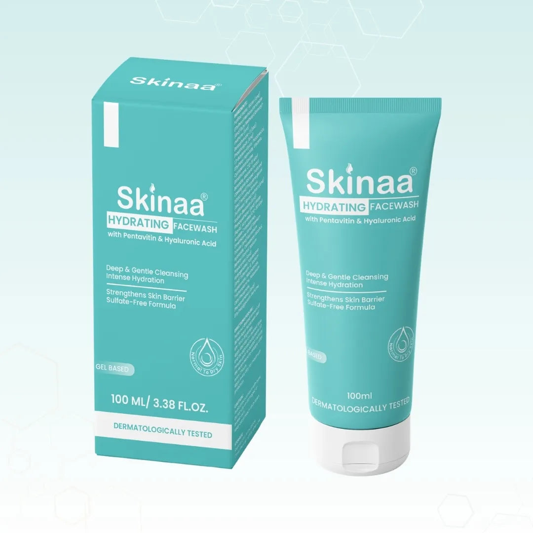 Skinaa hydrating face wash packaging and tube on a light blue background