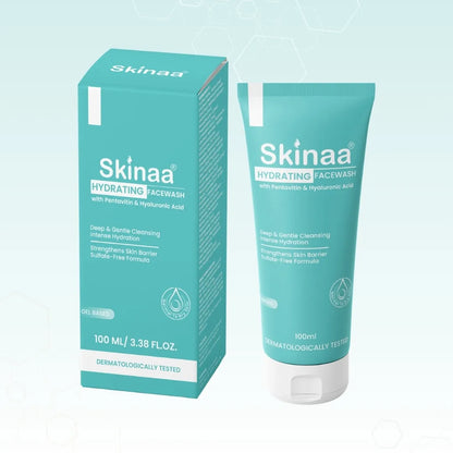 Skinaa hydrating face wash packaging and tube on a light blue background
