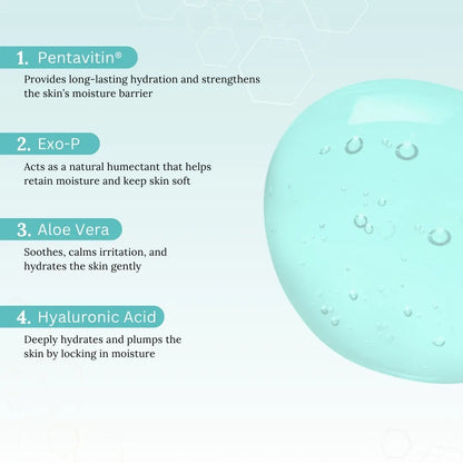 Skincare product with text highlighting Pentavitin, Exo-P, Aloe Vera, and Hyaluronic Acid benefits on a light blue background.