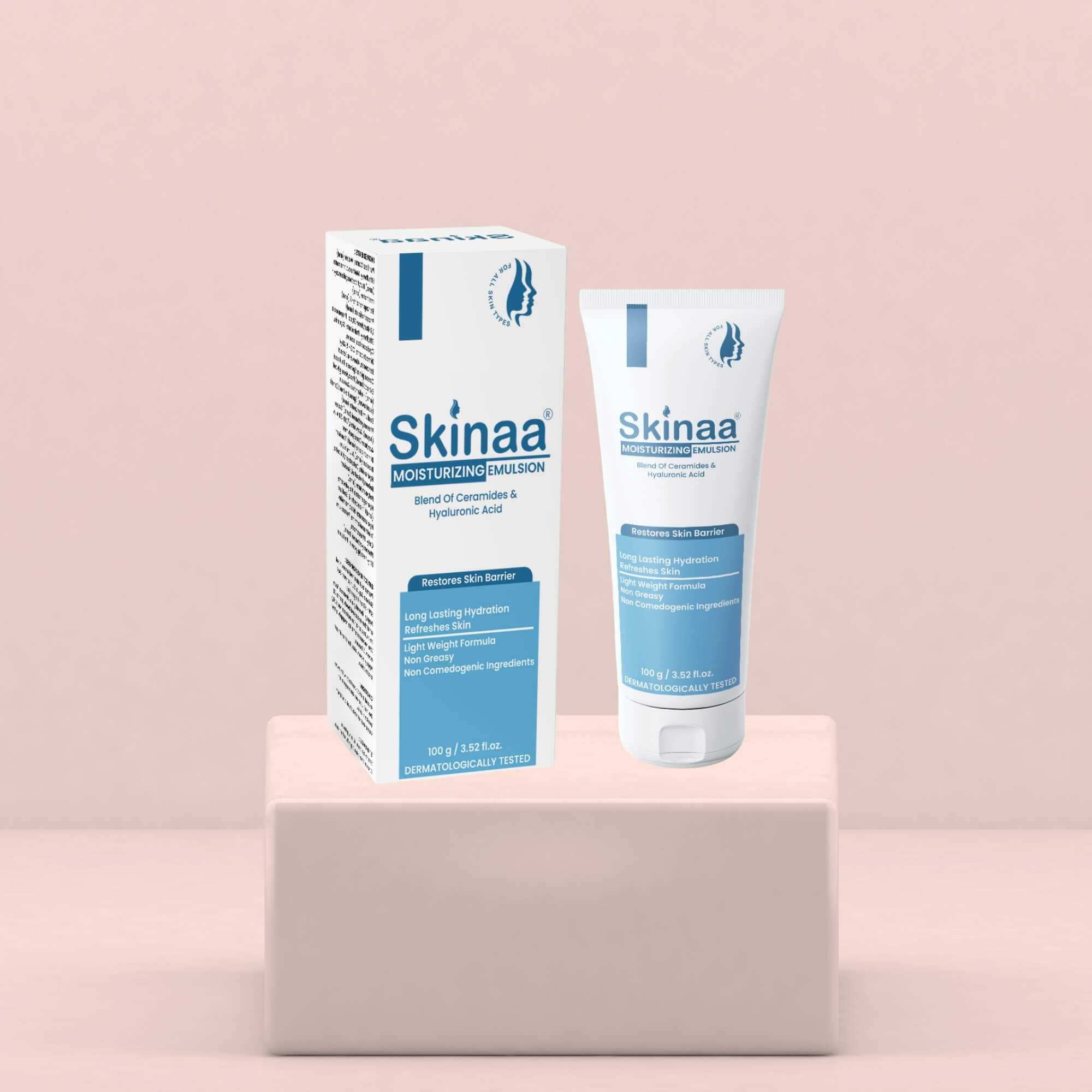 Skinaa Moisturizing Emulsion with ceramides and hyaluronic acid, designed to hydrate and restore skin barrier. Perfect for soft, smooth, and healthy-looking skin