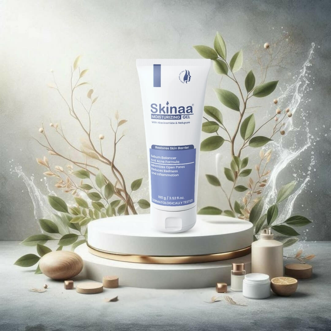 Skinaa Moisturizing Gel tube placed on a white podium with natural decorative leaves and cosmetic elements, dermatologically tested gel for hydration and skin barrier repair