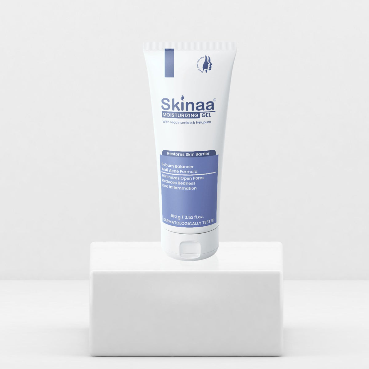 Skinaa Moisturizing Gel tube displayed on a white pedestal with minimal clean background, dermatologically tested gel for lightweight hydration and skin barrier care