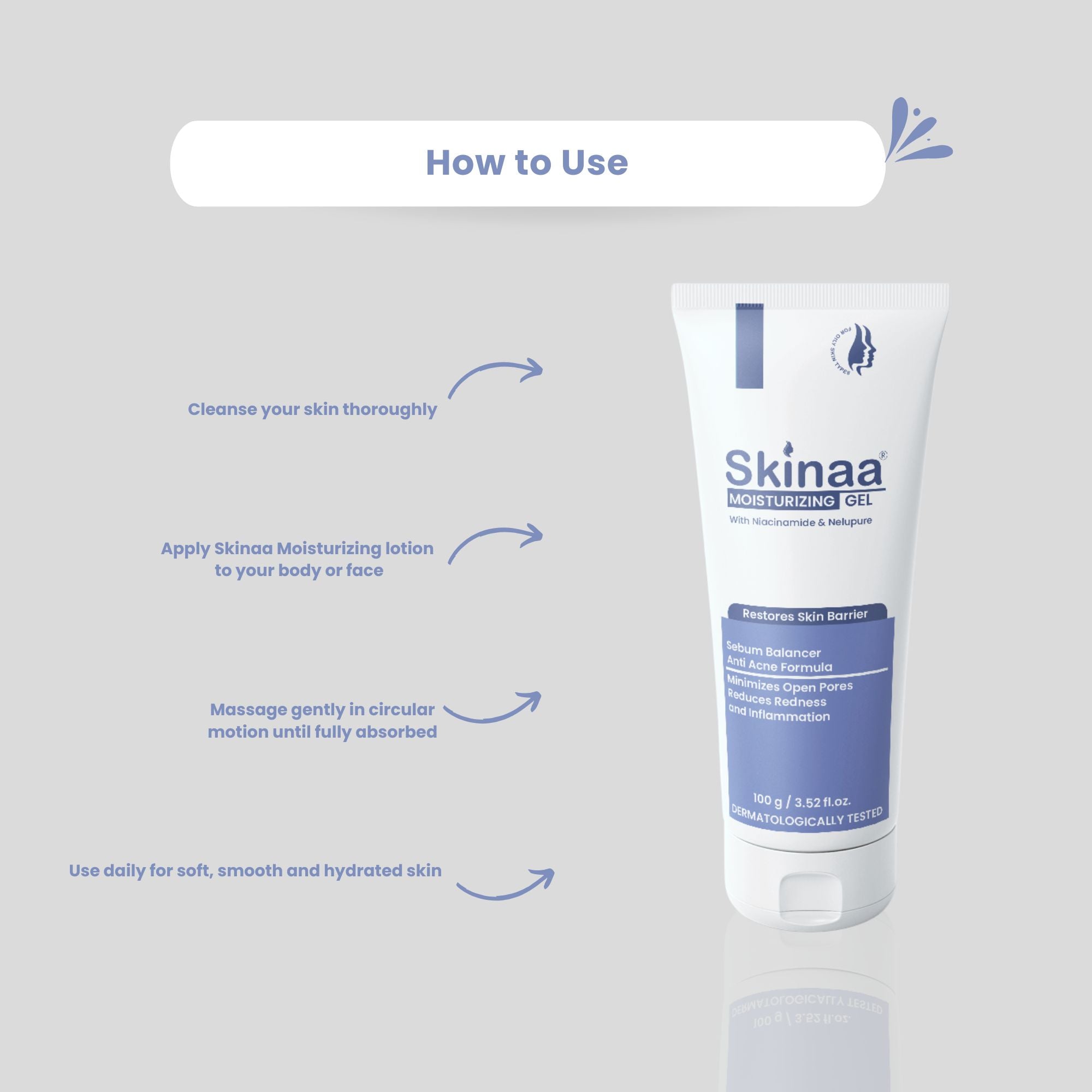 Skinaa Moisturizing Gel usage guide with tube on grey background, showing steps: cleanse skin, apply to face or body, massage gently in circular motion, and use daily for soft, smooth, hydrated skin