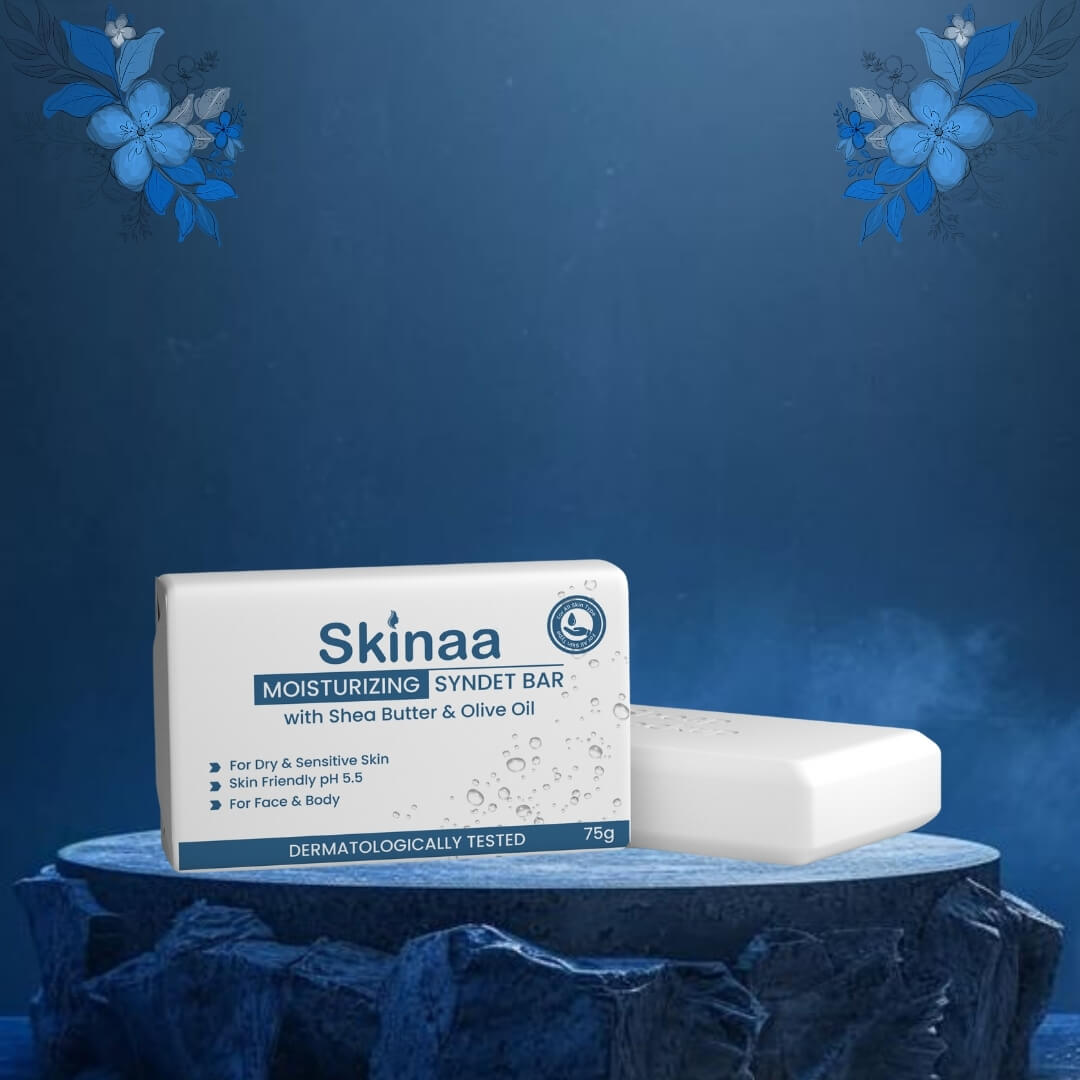 Skinaa Moisturizing Syndet Bar with Shea Butter and Olive Oil, dermatologically tested soap-free bar for dry and sensitive skin, pH 5.5, suitable for face and body – product display