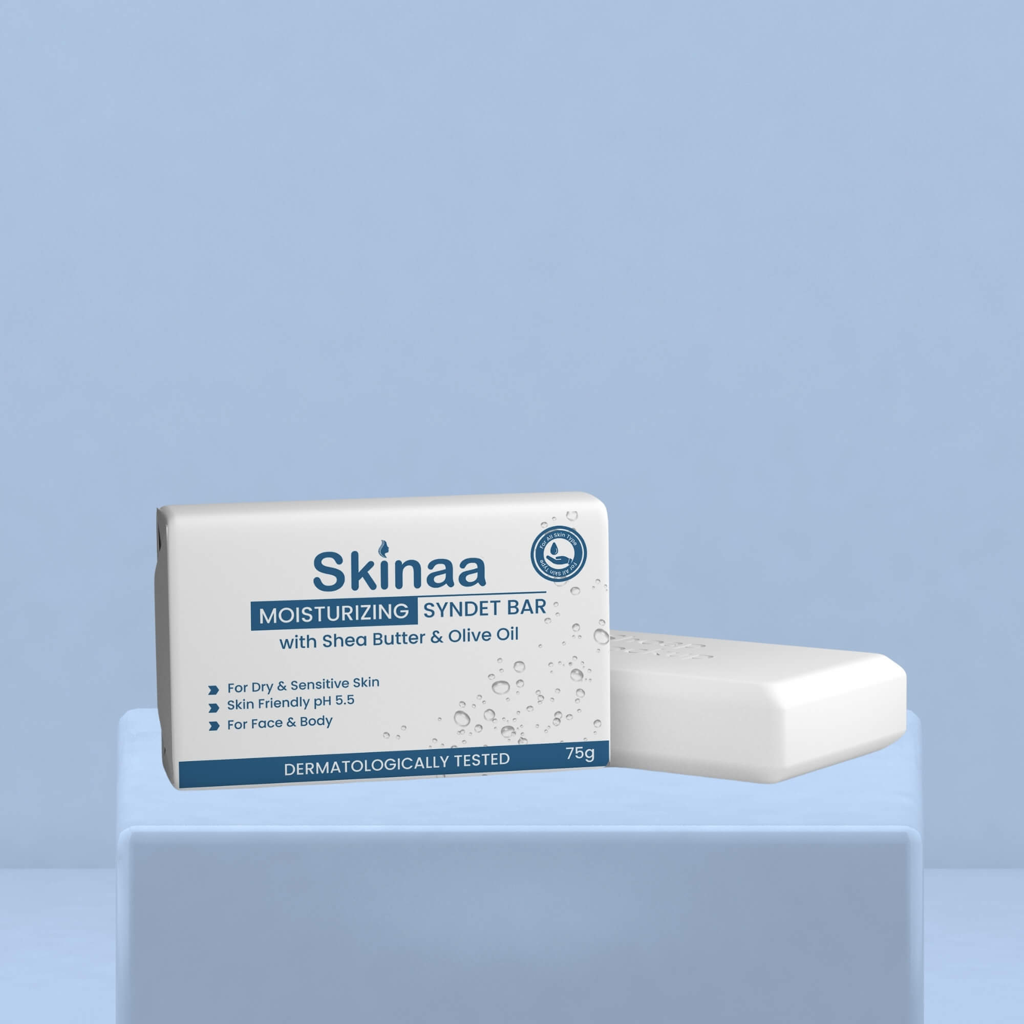 Skinaa Moisturizing Syndet Bar with Shea Butter and Olive Oil – gentle soap-free bar for dry and sensitive skin, dermatologist tested, placed on a pastel blue podium