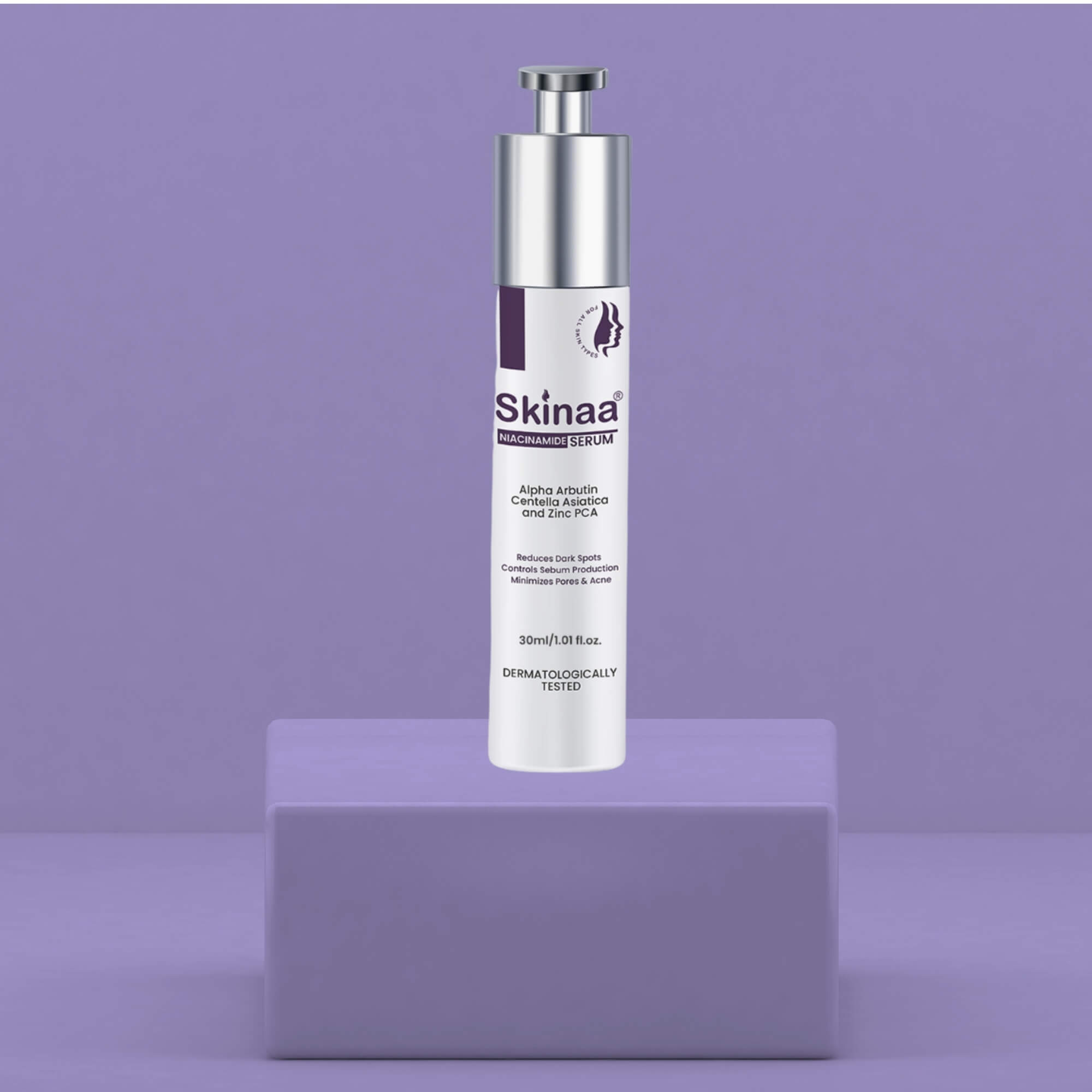 "Skinaa Niacinamide Serum bottle with metallic silver pump on a purple block and background, dermatologically tested skincare for acne control, pore care, and glowing skin