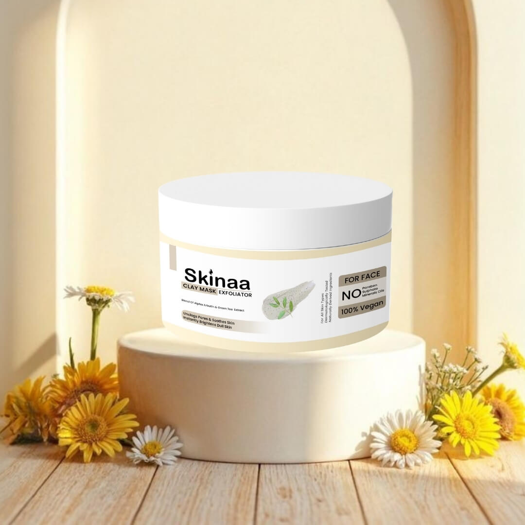 Skinaa Oatymilk Day Radiance cream jar placed on a podium with yellow and white daisies – nourishing and brightening skincare for face