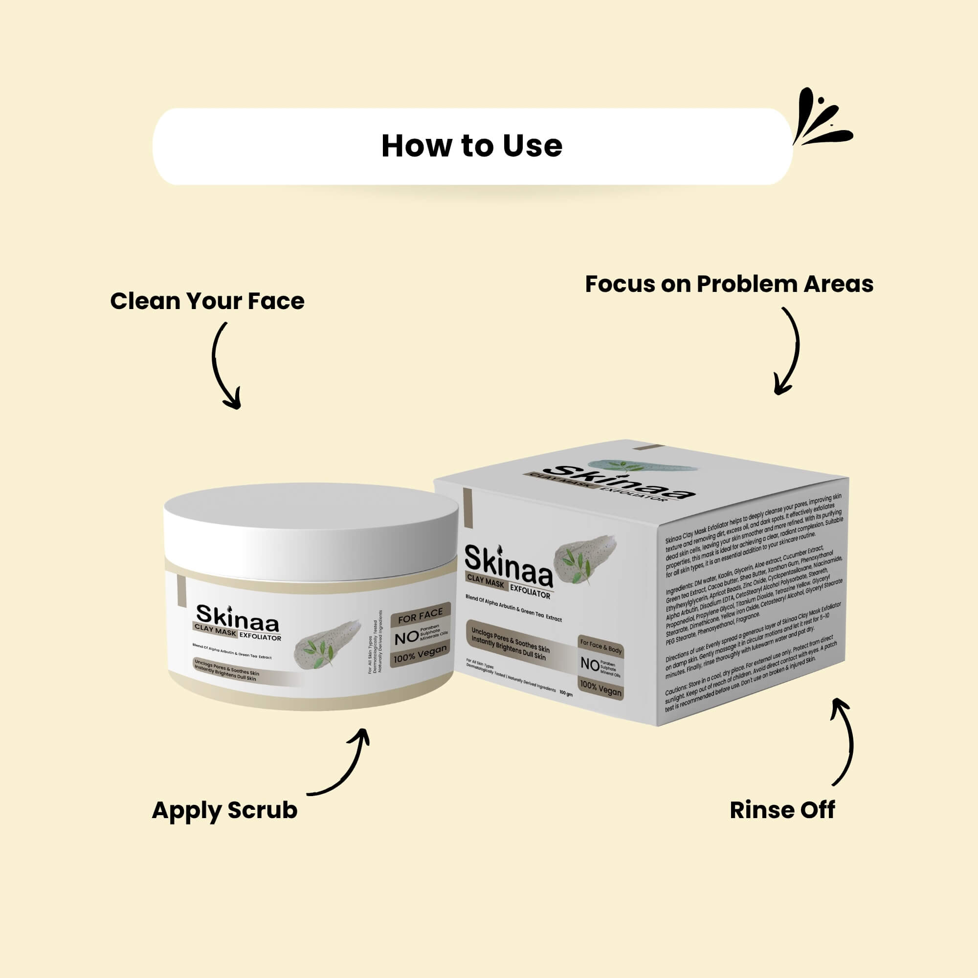 Skinaa Oatymilk Exfoliator cream jar and box with step-by-step usage guide – clean face, apply scrub, focus on problem areas, rinse off