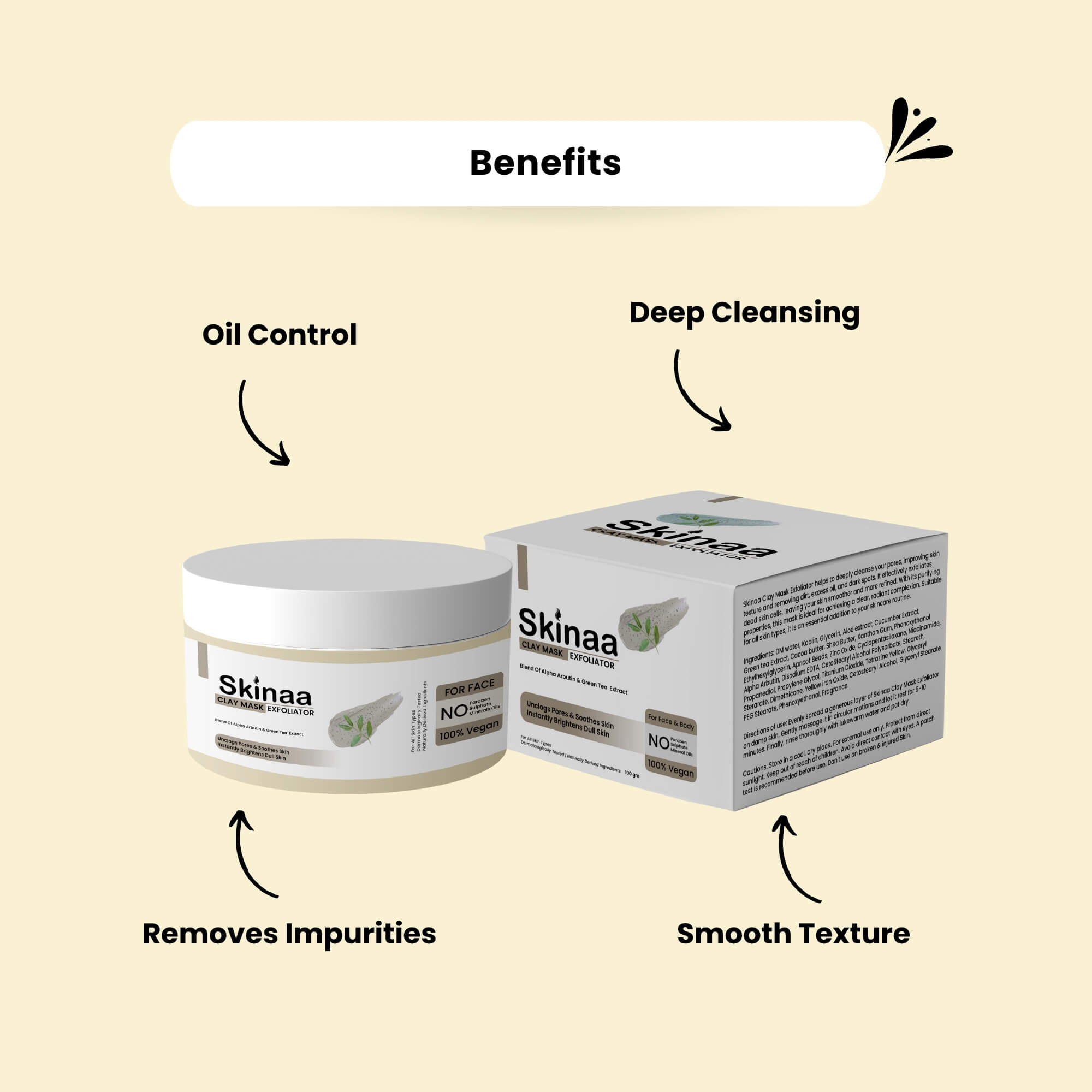 Skinaa Oatymilk Exfoliator jar and box with highlighted benefits – oil control, deep cleansing, removes impurities, and smooth texture