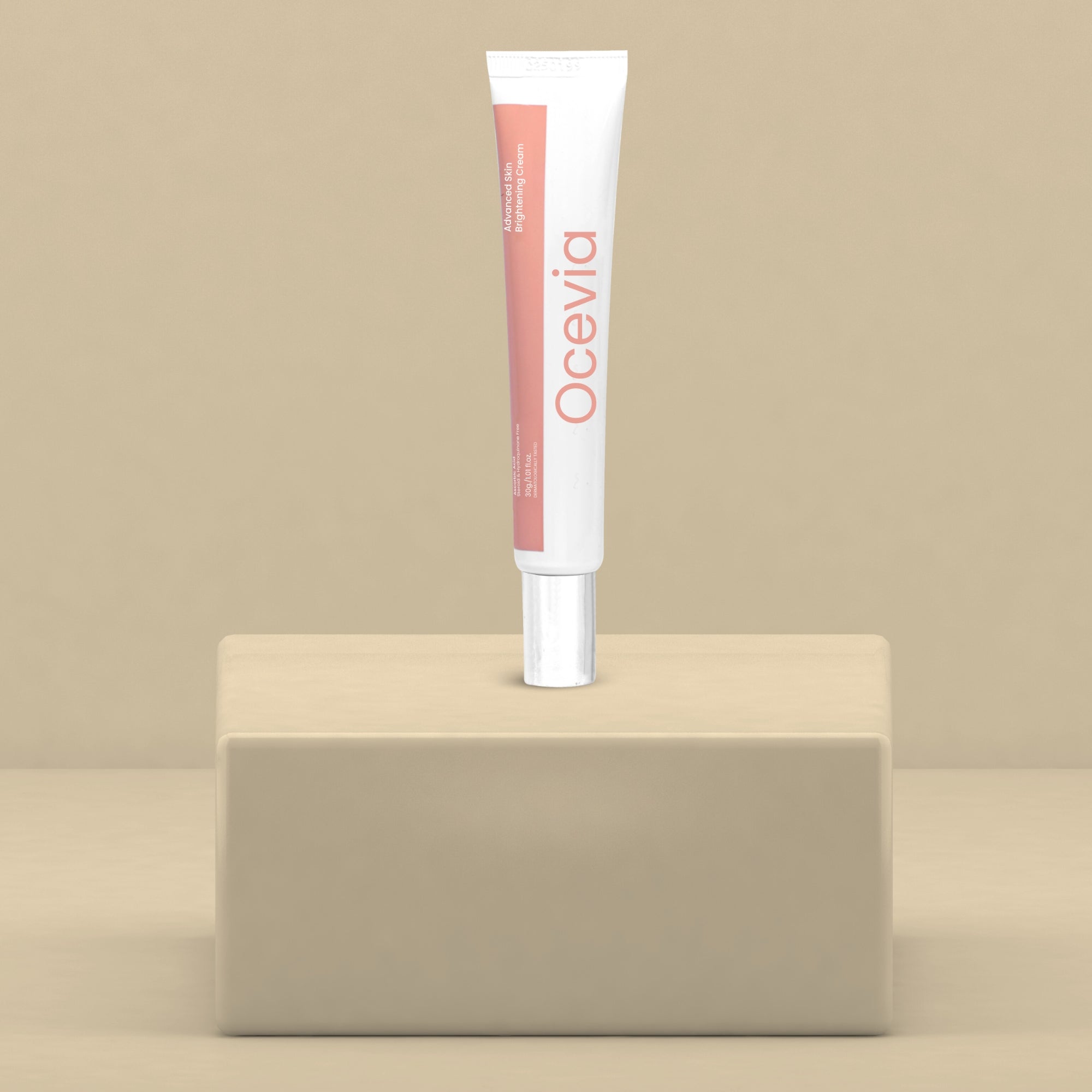 Skinaa Ocevia Cream tube for dark spots and pigmentation, dermatologist-tested brightening cream displayed on a minimal beige background.