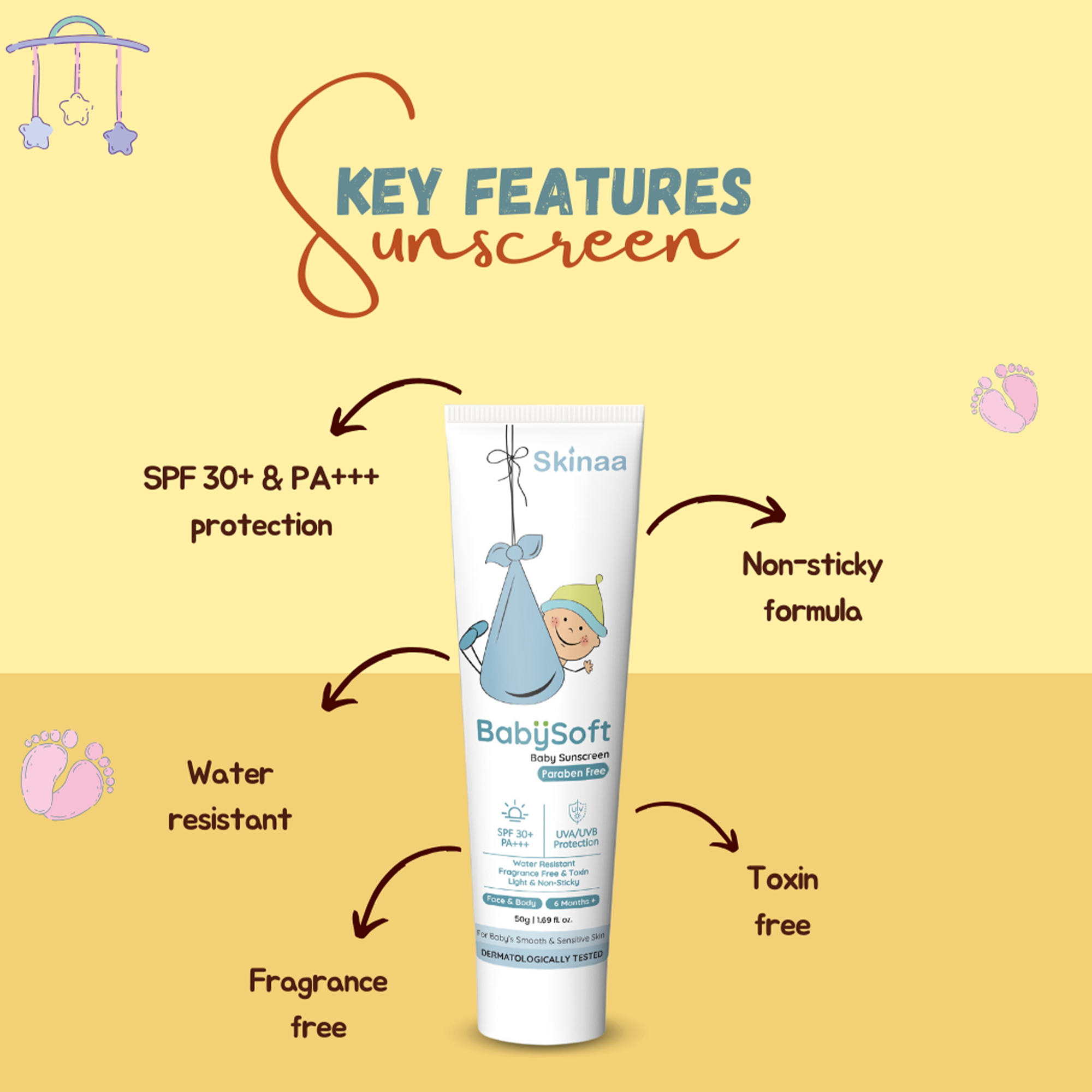 Skinaa BabySoft Baby Sunscreen SPF 30+ PA+++ key features – non-sticky, water-resistant, fragrance-free, toxin-free sunblock for babies with safe UVA/UVB protection